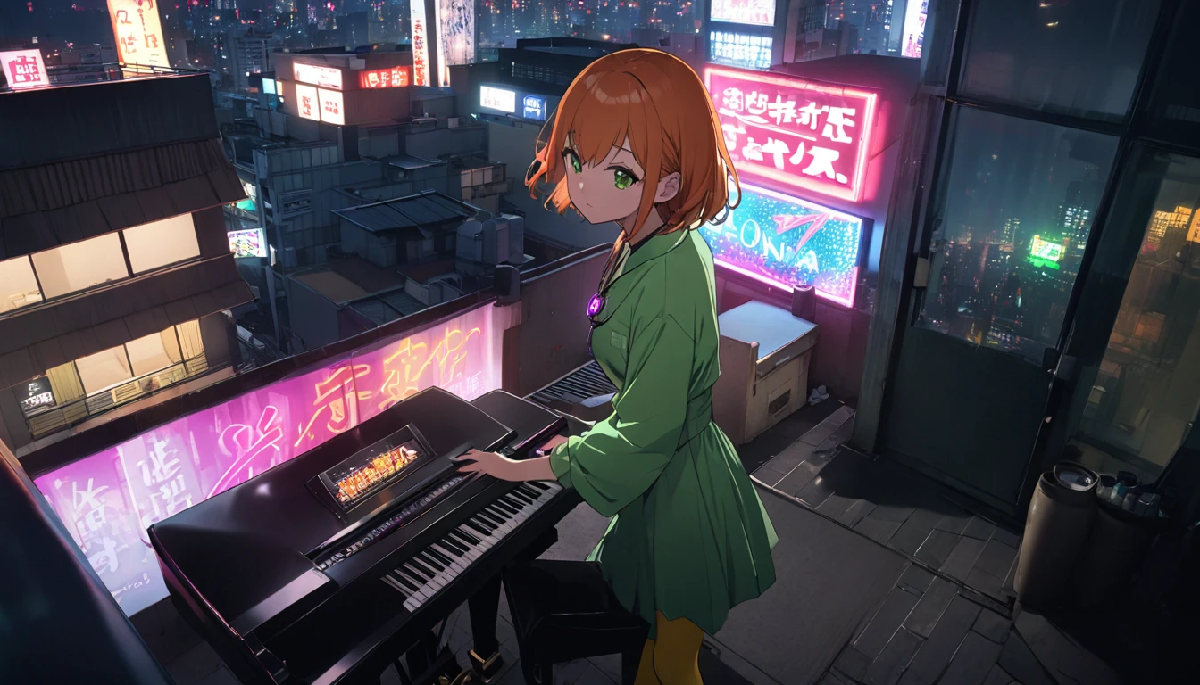 1girl, green eyes, purple pendant, orange hair, medium hair +++ yellow pantyhose, green dress,  light green shirt, green boots Hiding face with arm, looking to the side, extremely quality extremely detailed, illustration, cute anime face cinematic lighting, arafe image of man playing piano in living room, Set on the rooftops of Tokyo, 未来のOn a rooftop at night in Tokyo, On a rooftop at night in Tokyo,  black latex woman posing on a shelf with the city in the background ,  youtube video screenshot ,  Japanese neon sign , Taken at the Bank of Tokyo parking lot , Kowloon stills ,  TOKYO'S SHINING NEON , Neon light rooftop , Opening Scene,  Wong Ka-wai Style 