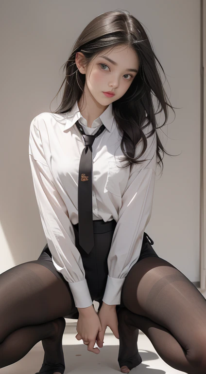 The best, masterpiece,  high definition, (Head to toe full body view), Front, composition from slightly below the front, Symmetric,   18 Year Old Girl , Alone, (The whole body from head to toe), Small breasts, Brown Hair, slightly My hair is messy, Long Hair, bangs, ( black tights), ( ( black pantyhose ),  black pantyhose , (Crouched position), (bondage), ( spread his legs), (Tie 1&#39;Hands behind your back&#39;s back), (She has her legs spread、 white panties visible from between legs .), composition  show me white panties , Beautiful slender legs , とても美しい  18 Year Old Girl , (Navy high heels), ,  shy and big eyes , My hair is messy,  looking at camera ,  show me white panties ,  HIDE YOUR ARMS HIDE , Dark blue OL uniform, dark blue pencil skirt , Navy blue vest, Beige cardigan