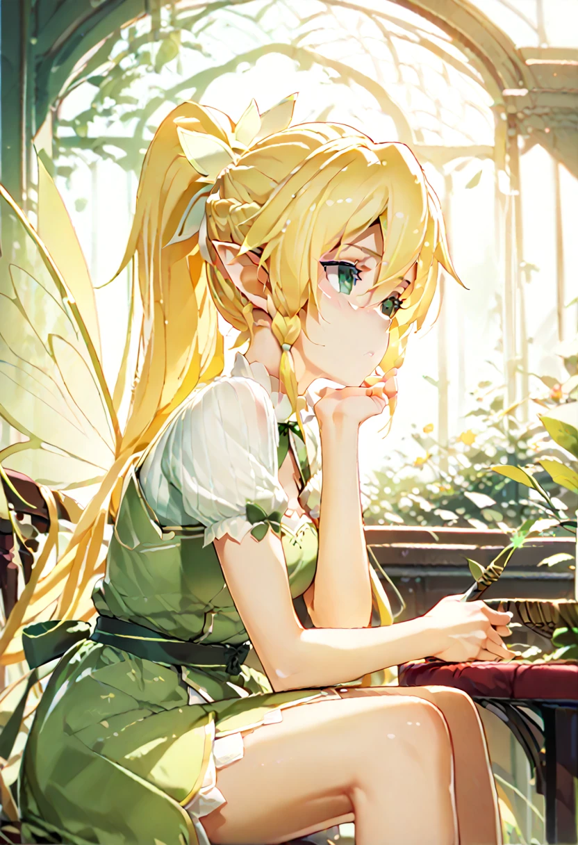 leafa, sword art online, blonde hair, hair between eyesbraid, ponytail, long hair, green eyes, pointy ears, green dress, fairy wings, looking away, sitting on the chair, xd,
