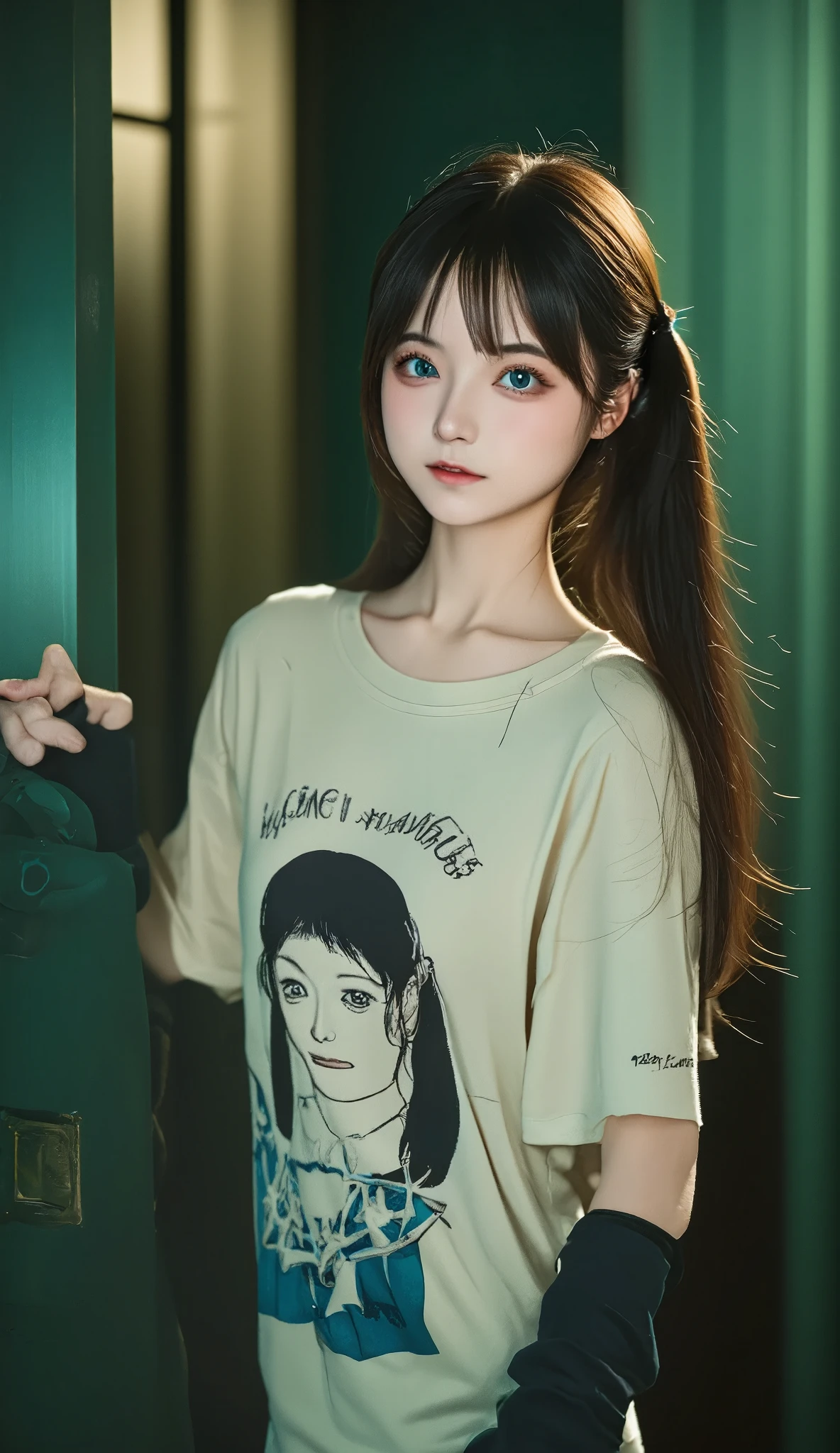  Geometric background :1.3、   dark color、   cute girl hair、   Look Away   、Printed shirt、Picasso painting t-shirt 、   loose clothes   、Retro、Best Quality、Super detailed、   High quality details  、green