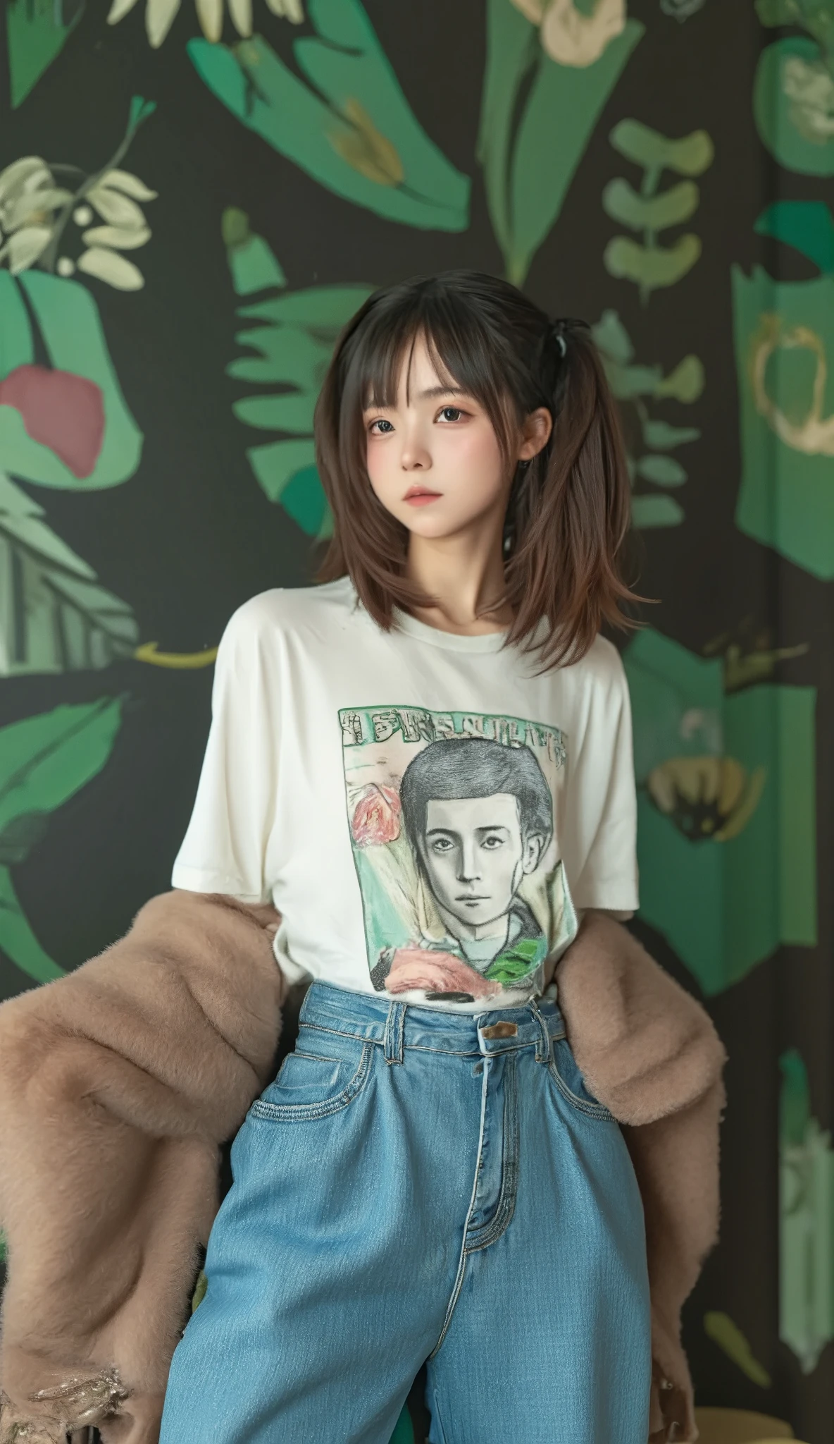  Geometric background :1.3、   dark color、   cute girl hair、   Look Away   、Printed shirt、Picasso painting t-shirt 、   loose clothes   、Retro、Best Quality、Super detailed、   High quality details  、green