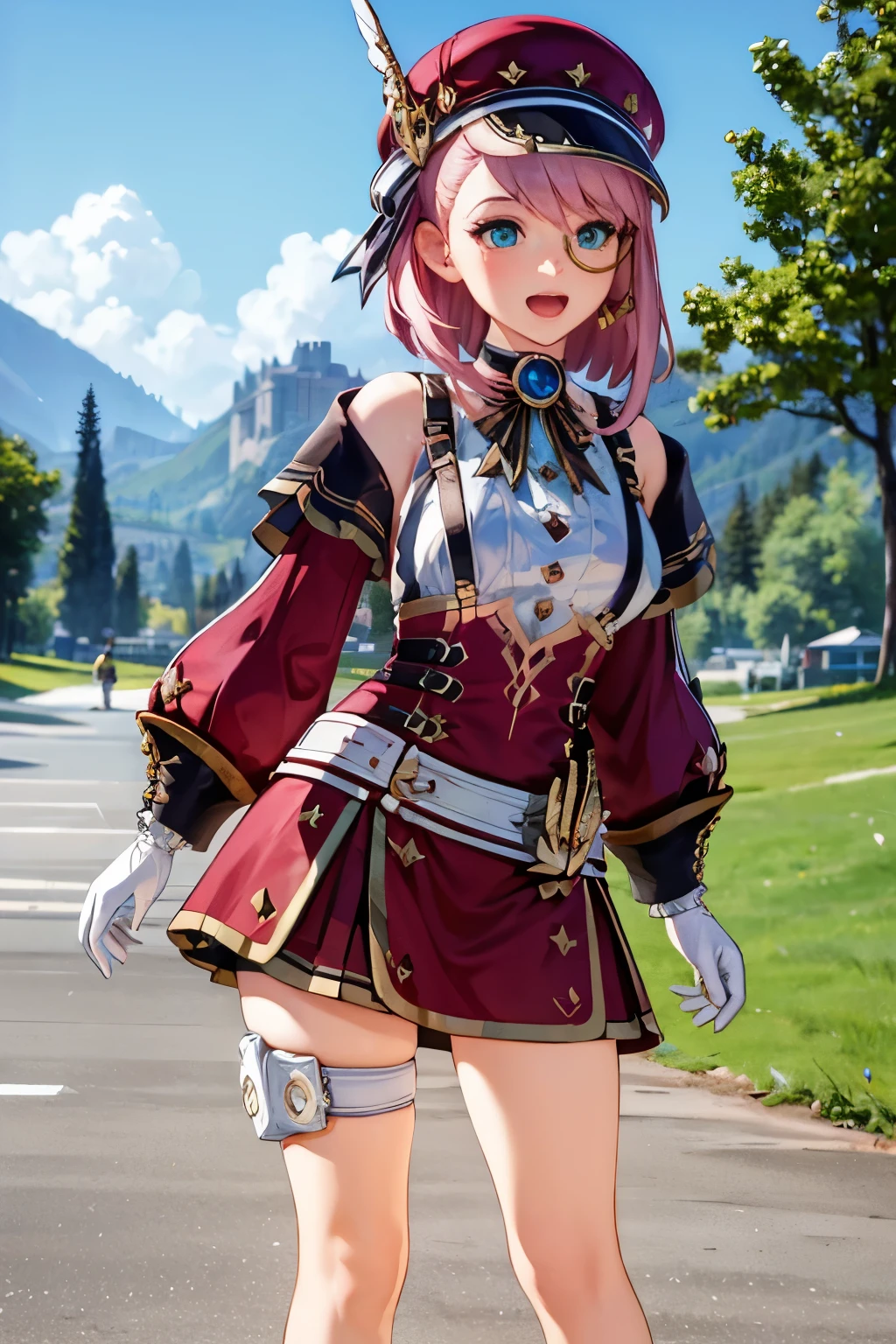 charlotteid, pink hair, hat, gloves, monocle, bare shoulders, green eyes, long sleeves, short hair, detached sleeves, skirt, Blue sky, white petals, sun, open mouth and smile, large breasts, outside border,
(best quality,4k,8k,highres,masterpiece:1.2),ultra-detailed,(realistic,photorealistic,photo-realistic:1.37)