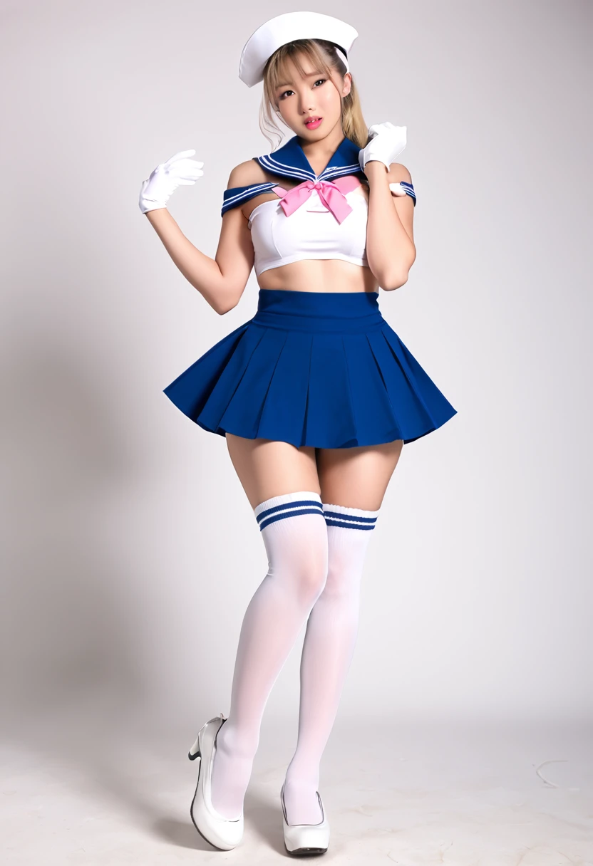 Sailor Dress,  1 girl, Beautiful Skin, breast, Thighs丈, Gloves,  ponytail,  super short so short that it doesn't make sense,  blond hair, belly button, salute, white Gloves,  blue eyes , very large breast, Underboob, Sideboob, (gigantic breast:1.3), (pink Thighs丈:1.2),  , Sailor, amount,  clothes that are too small , Sailor collar, blue skirt,  pleated skirt , Thighs,  embarrassing, Bare shoulders , Bare Shoulder,  white headwear ,  closed mouth, Huge Ass, 非常に太いThighs, angle from back under, ( standing with legs wide open to the left and right, Standing with legs wide open ), (非常に巨大なbreast, 200cm超えのbreast, zzzz cup), 巨大すぎるbreastに服が激しく食い込んでいる, ( I'm forced to wear toddler-sized clothes and skirts, The skirt is too short and the pants are in full view, Incredibly short skirt ),  Unblemished Skin , Very thin clothing, ( short stature , 120cm tall )