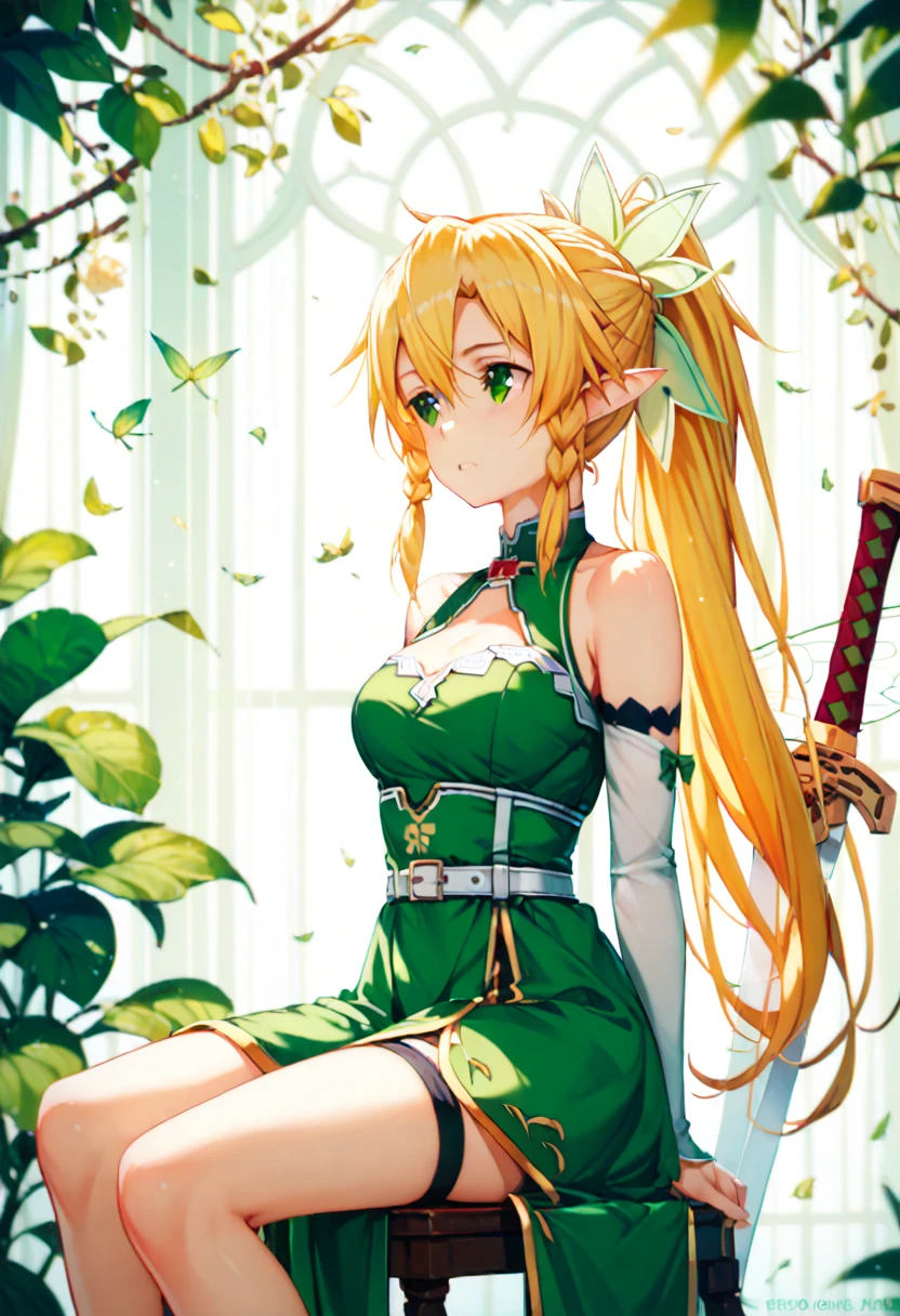 (score_9, score_8_up, score_7_up, score_6_up, score_5_up, score_4_up,nsfw,super fine illustration,8K CG wallpaper,detailed eyes,leafa, sword art online, blonde hair, hair between eyesbraid, ponytail, long hair, green eyes, pointy ears, green dress, fairy wings, looking away, sitting on the chair, xd,
