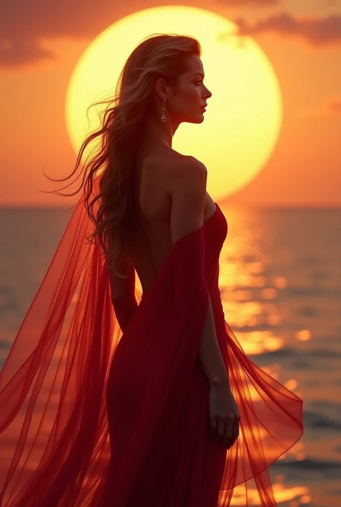 high quality, 8K Ultra HD, A beautiful exposure photorealistic that combines a stunning goddess silhouette wrapped in long tulle scarf with sunset coast, head to ankle long flowing hair, big full circle sunset coast should serve as the underlying backdrop, with its details incorporated into the goddess , crisp lines, left view angle shot, The background is monochrome, sharp focus, awesome full real color,