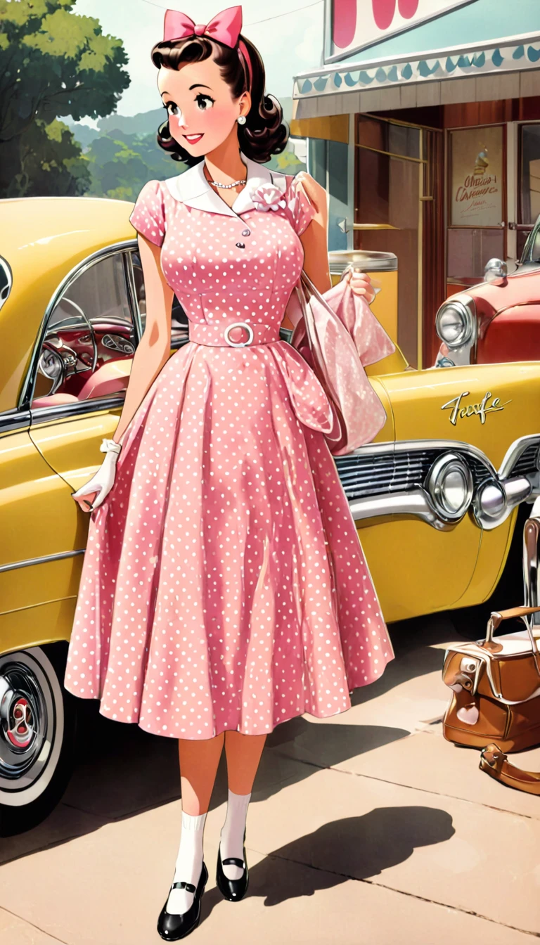 araffe dressed in a pink Polka Dot dress and white socks, Polka Dot, 50s Style, 5 0 s style, レトロな50s Style,  pink iconic character, 1950's atmosphere ,  1950's style , 60&#39;s Pin-up, Pin-up Girl, Pin-Up Girl, Pin-up Girl, 50s Style infomercial