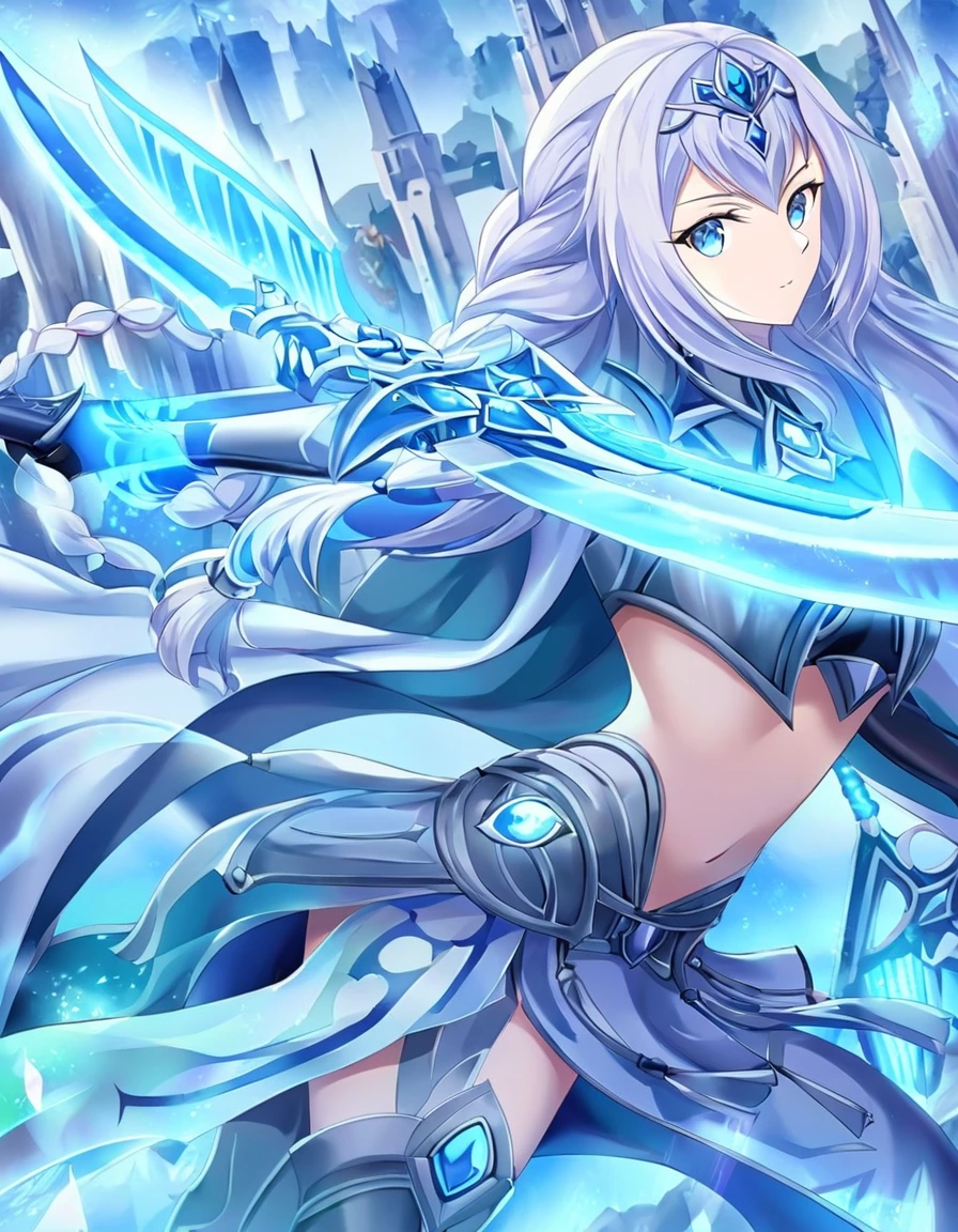 Irelia，League of Legends， Irelia has long silver hair ， and is usually braided in combat 。Her eyes were a clear blue，Revealing hermness and determination。Her skin is fair，Slim and fit ， wears a delicate leather armor ， adorned with a coat of arms representing her hometown 。 Her weapon is a long sword driven by force ， The sword shines with a blue energy glow 。 Irelia's posture always looks both elegant and full of strength。