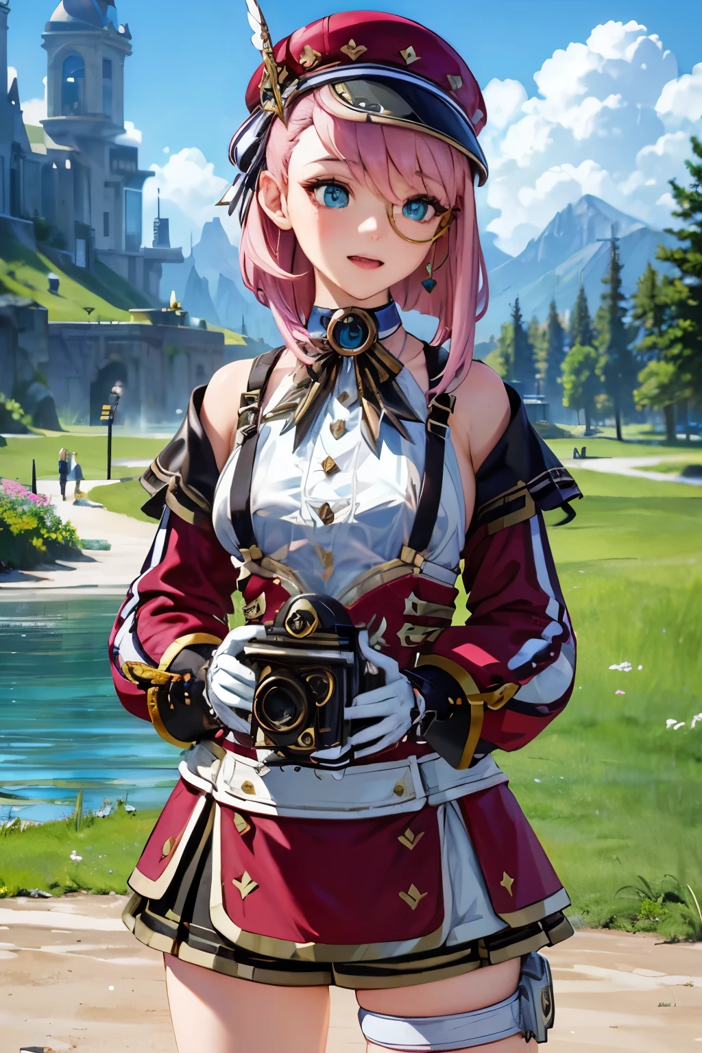 charlotteid, pink hair, hat, gloves, monocle, bare shoulders, green eyes, long sleeves, short hair, detached sleeves, skirt, Blue sky, white petals, sun, open mouth and smile, large breasts, outside border, Bright city, hold your camera, upper body, textured skin,
(best quality,4k,8k,highres,masterpiece:1.2),ultra-detailed,(realistic,photorealistic,photo-realistic:1.37)