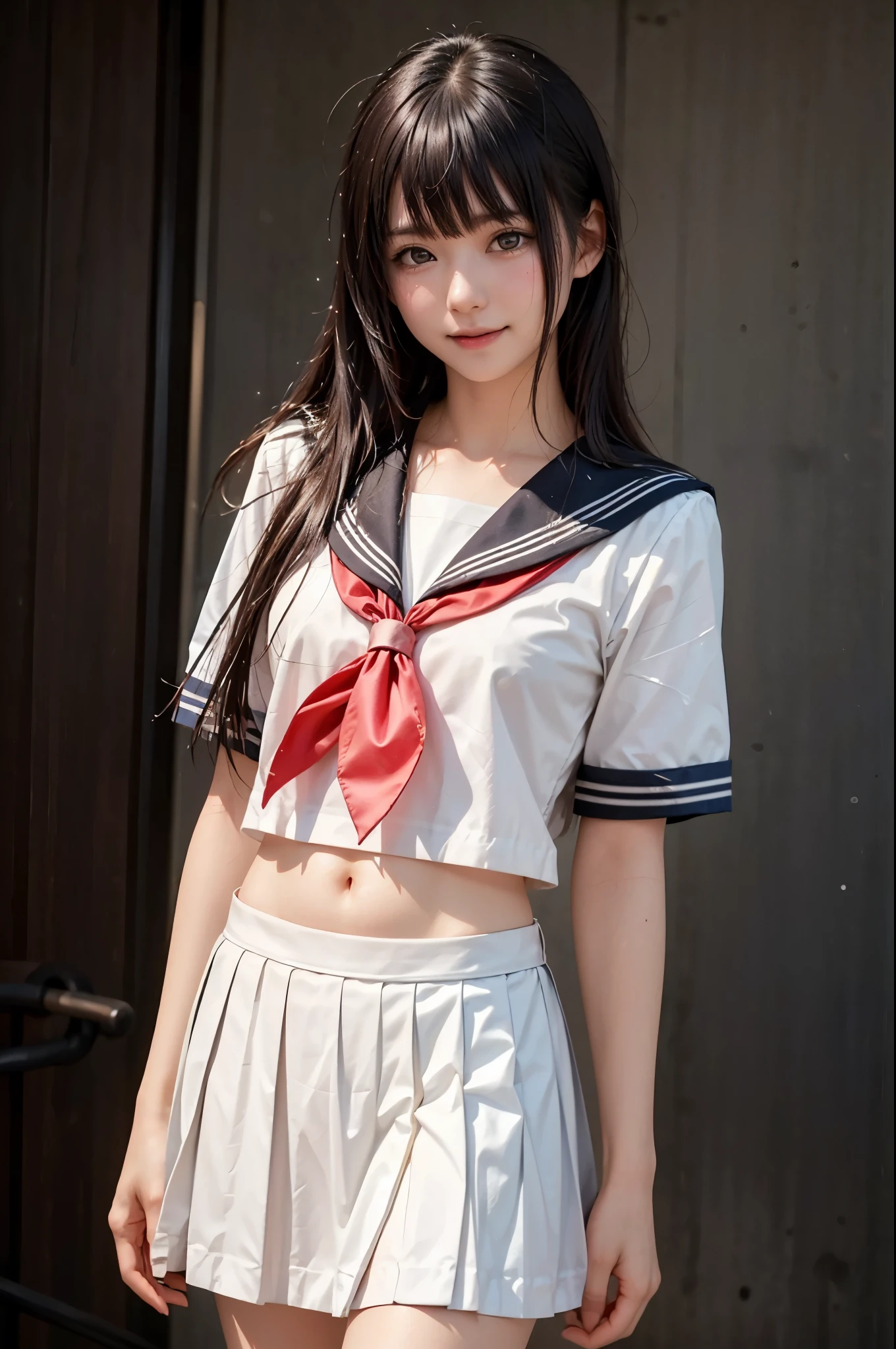 (Realistic:1.4), (super Realistic:1.4), (Realistic:1.3), (Sleek lighting:1.1), (Cinema Lighting Improvements:0.9), 32K, 1 cute Japanese girl, 20 years old, (((solo))), Realistic Lighting, Backlight, Face Light, Ray Tracing, (Whitening Light:1.2), (Image Enhancement:1.4), (Top quality real skin:1.4), Beautiful Eyes, Beautiful Face, (((slender body))), (half open mouth), Beautiful detailed Eyes, (Improve the look of your body line:1.1), (Improves the beauty of skin texture:1.1), (((sailor uniform:1.3))), ((round large tits)), ((bangs)), ((eye shadows)), (((smile))), ((whole body shot:1.3)), ((sexy standing pose:1.2)), Tokyo street, (((night:1.5))), (((neon light:1.2))),