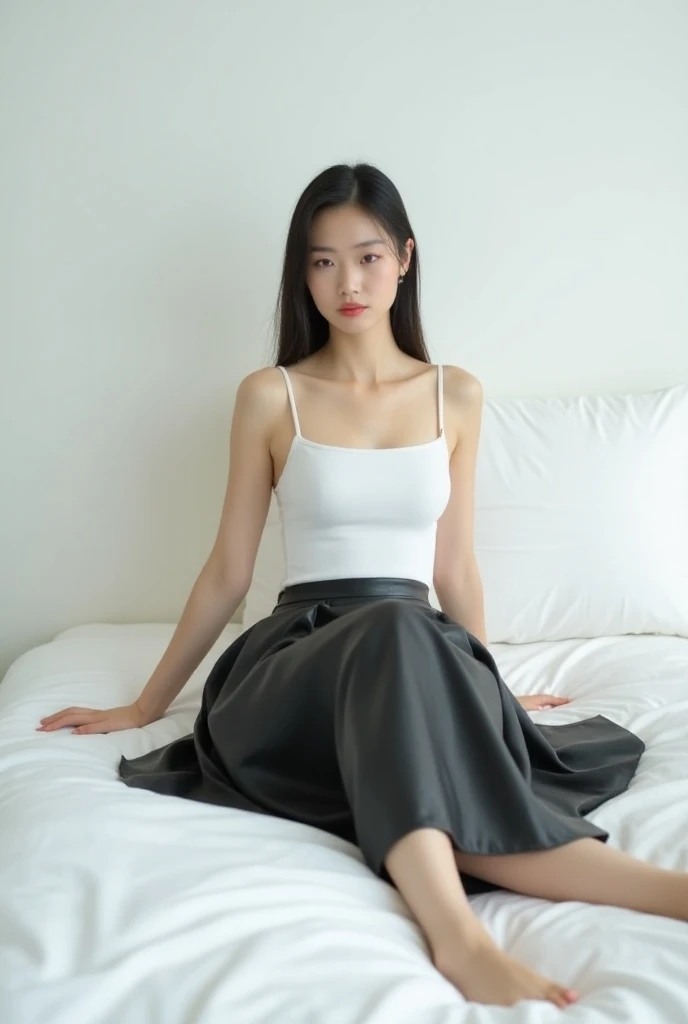 Ultra HD, masterpiece, highest resolution, highest detail, chiaroscuro, a young and beautiful woman, black hair, beautiful eyes, long eyelashes, human eye perspective, wearing a cream white top, red shorts, sitting on the sofa