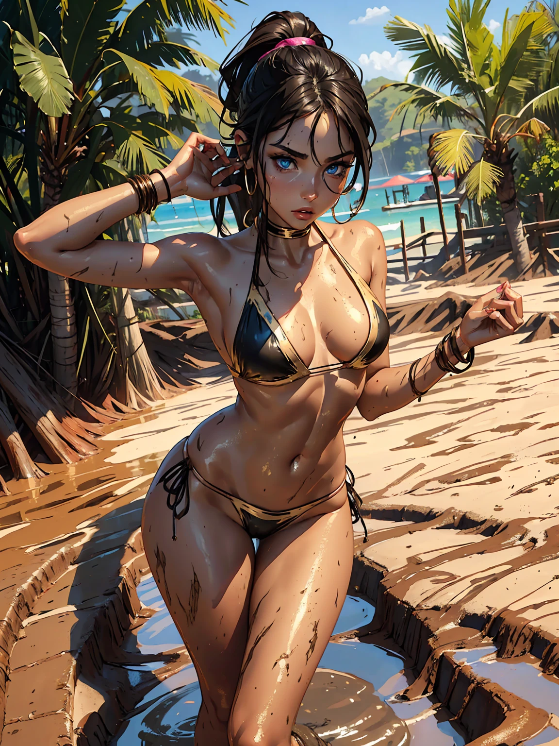Aspen_M, ((long black hair, glowing blue eyes, makeup, narrow waist, skinny, medium breasts)), pelvic curtain, ((blue bikini, jewelry, bikini, bikini armor, pauldrons)), full body, perfect body, (insanely detailed, beautiful detailed face, masterpiece, best quality) , (((solo))), (((1girl))), (((mature))), (extremely detailed 8k paper CG wall unit: 1.1), (beach, sand, ocean, waves, bed underwater, coral bed, sunnyday), (smile face for the viewer),ass, lying, on stomach,back, from behind, foreshortening , facing away