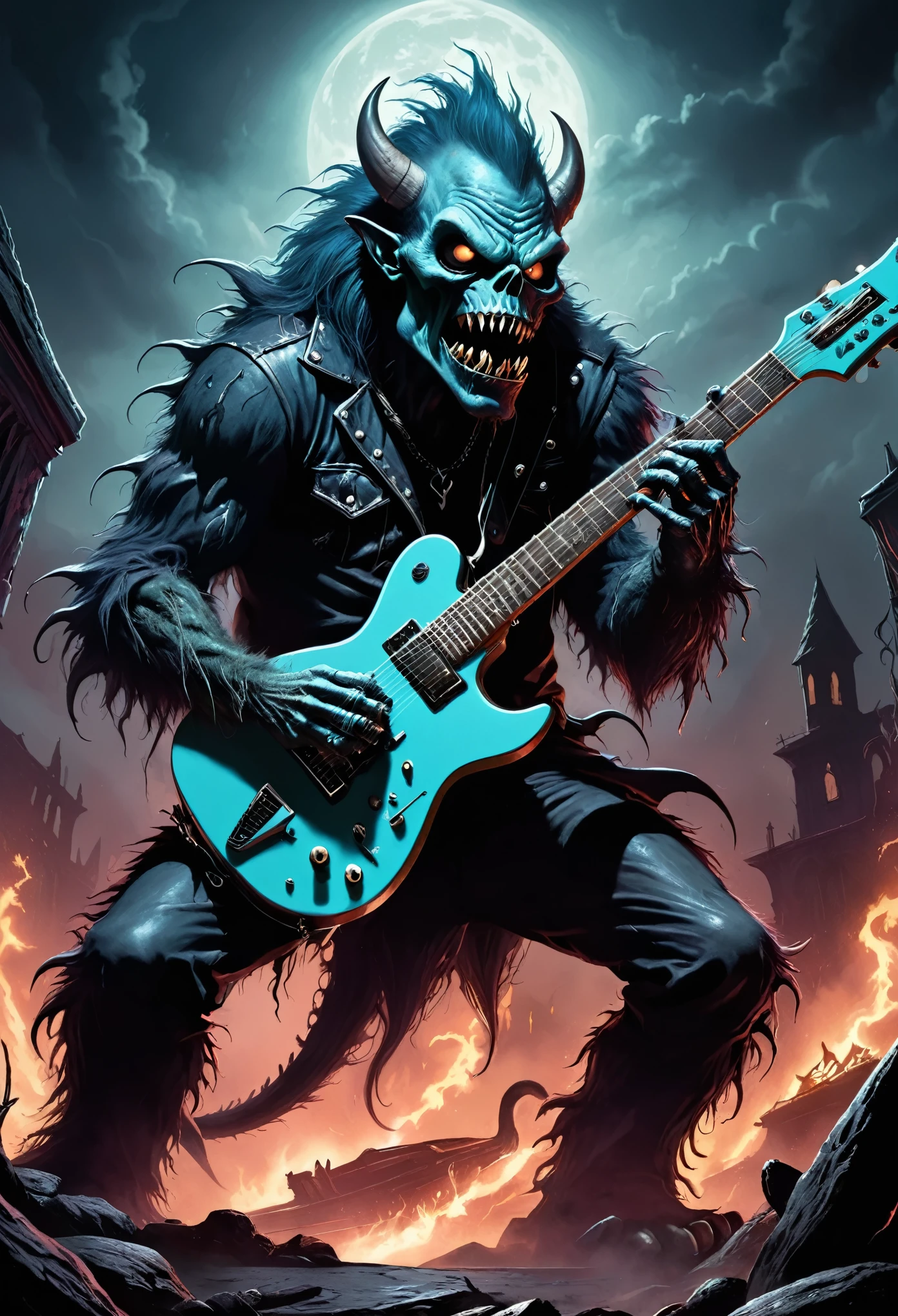 A dramatic, Cool illustrative artwork inspired by 1980s heavy metal aesthetic of a scarry monster playing guitar.