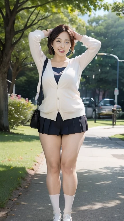  japanese mature,58 years old, white skin,(plump body, plump thighs:1.5),(Cardigan,micro miniskirt, earrings, jewelry, Short socks, loafers:1.2),( standing in the park, take a picture of the whole body from toe to head,full body,standing:1.2),looking at viewer,smile, surrealism, depth of field, from below, Sony FE, 8k,arms up