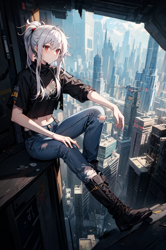 masterpiece, best quality, (detailed anime, video game art, extremely detailed CG unity 8k wallpaper), (best quality), (best illustration), (best shadow), absurdres, realistic lighting, (Abyss), dynamic pose, solo, senti, red eyes, white hair, ponytail with bangs, messy hair, crop top, model, jeans, torn jeans, broken jeans, boots, techwear, futuristic city, high tech