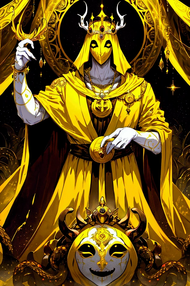 a painting of a man dressed in a yellow robe and a crown, hastur the king in yellow, yellow-robed cultist, king in yellow, a professional digital painting of the king in yellow wearing a tattered yellow cloak standing in a ballroom gripping a medallion in his claws, (white porcelain mask:1.05),painting of the king in yellow wearing a cloak and a mask, antlers, crown, cosmic background, gold and white and black color scheme surrounded by a mass of writhing tentacles, ornate baroque ballroom background, antlers, crown, high quality