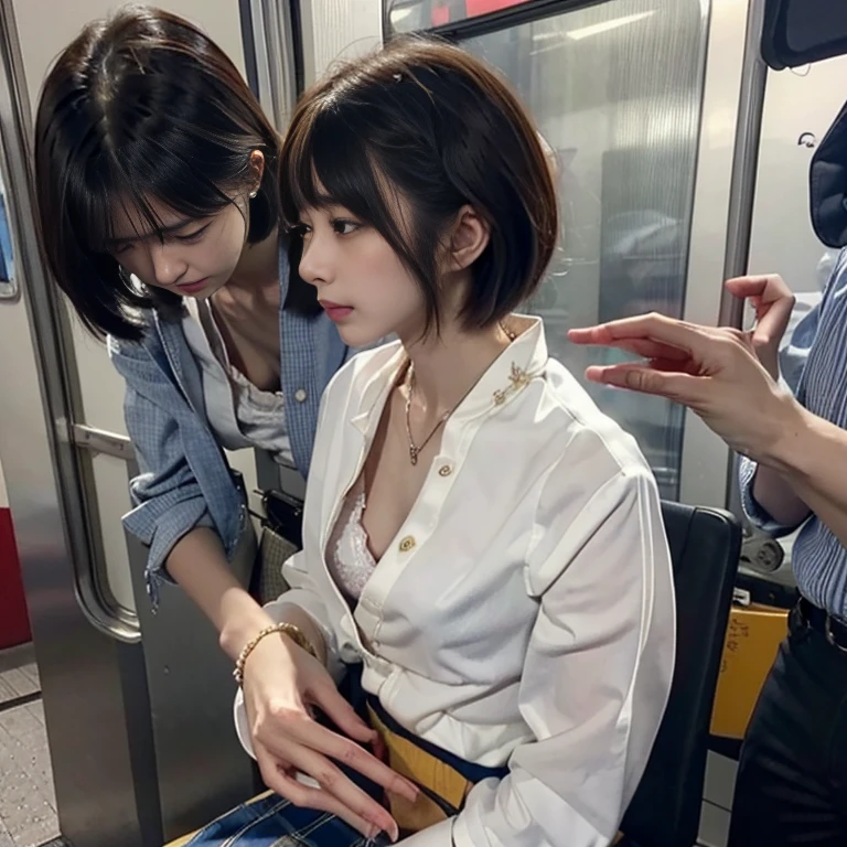 Best Quality,  ultra high resolution, Ultra detailed skins,  Physically Based Rendering, flat chest, Down blouse,( Japanese girl , Embellished detailed bra, Buttoned shirt,  school uniform , Small breasts,  with volume ), From the side , close,  in a crowded train ,  short hair,  necklace , See-through bra, facing sideways ,(Crowded and cluttered train background:1.2)