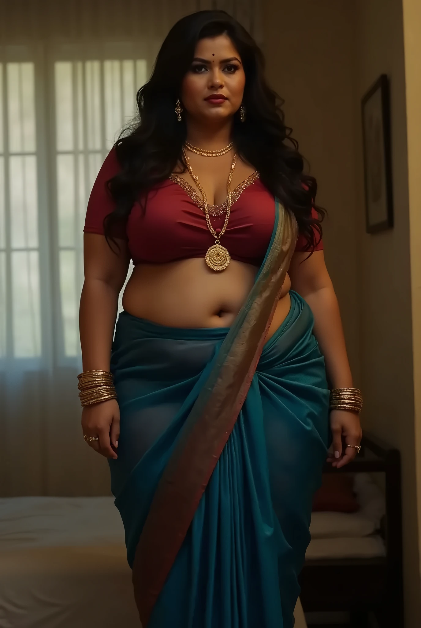 Inside the palace、wearing a sari from head to toe,Indian woman, 45 yers old, chubby, Tone Midriff, Big butt, thick thighs, Huge saggy bust hugs her body, She wears a translucent veil and a golden chain with a bell。.. Barefoot. she looks seductively over her shoulder.