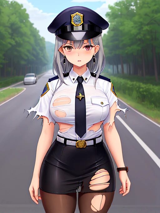 masterpiece, Best Quality, Alone, cowboy shot, (  detail face  ）,  curvy body , white shirt ,Short sleeve, earrings for a woman alone,mini pencil skirt, tie ,  standing ,Police hat,on the road, , Thighs,  wide hips ,Alone ,belt,  pantyhose  , skinny ,( torn clothes :1.2), trembling 