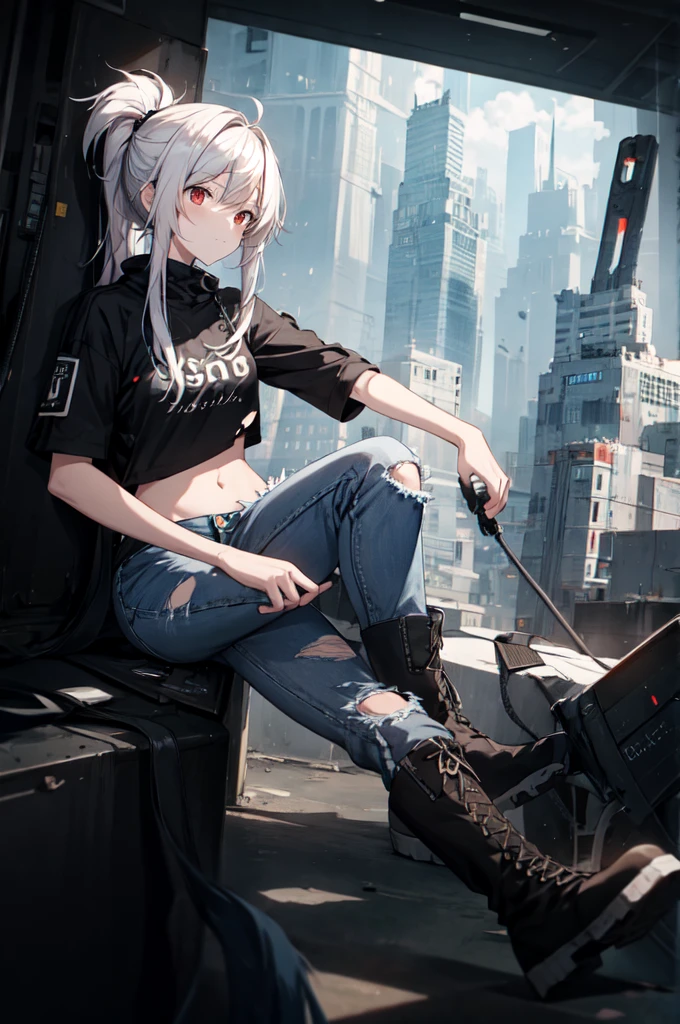 masterpiece, best quality, (detailed anime, video game art, extremely detailed CG unity 8k wallpaper), (best quality), (best illustration), (best shadow), absurdres, realistic lighting, (Abyss), dynamic pose, solo, senti, red eyes, white hair, ponytail with bangs, messy hair, crop top, model, jeans, torn jeans, broken jeans, boots, techwear, futuristic city, high tech