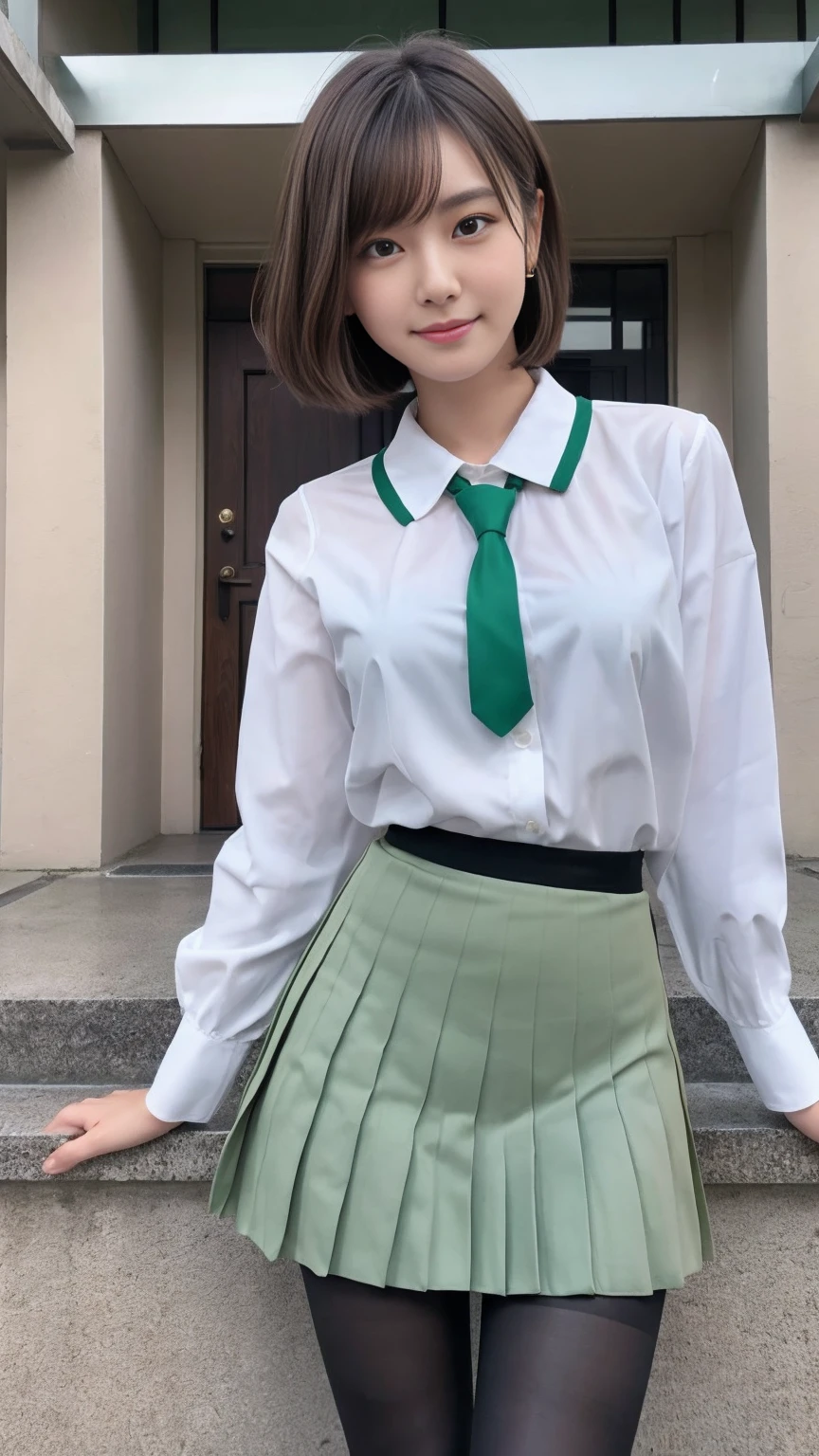 Japanese、18-year-old high school girl、White shirt、Black and green block check mini skirt、whole body、smile