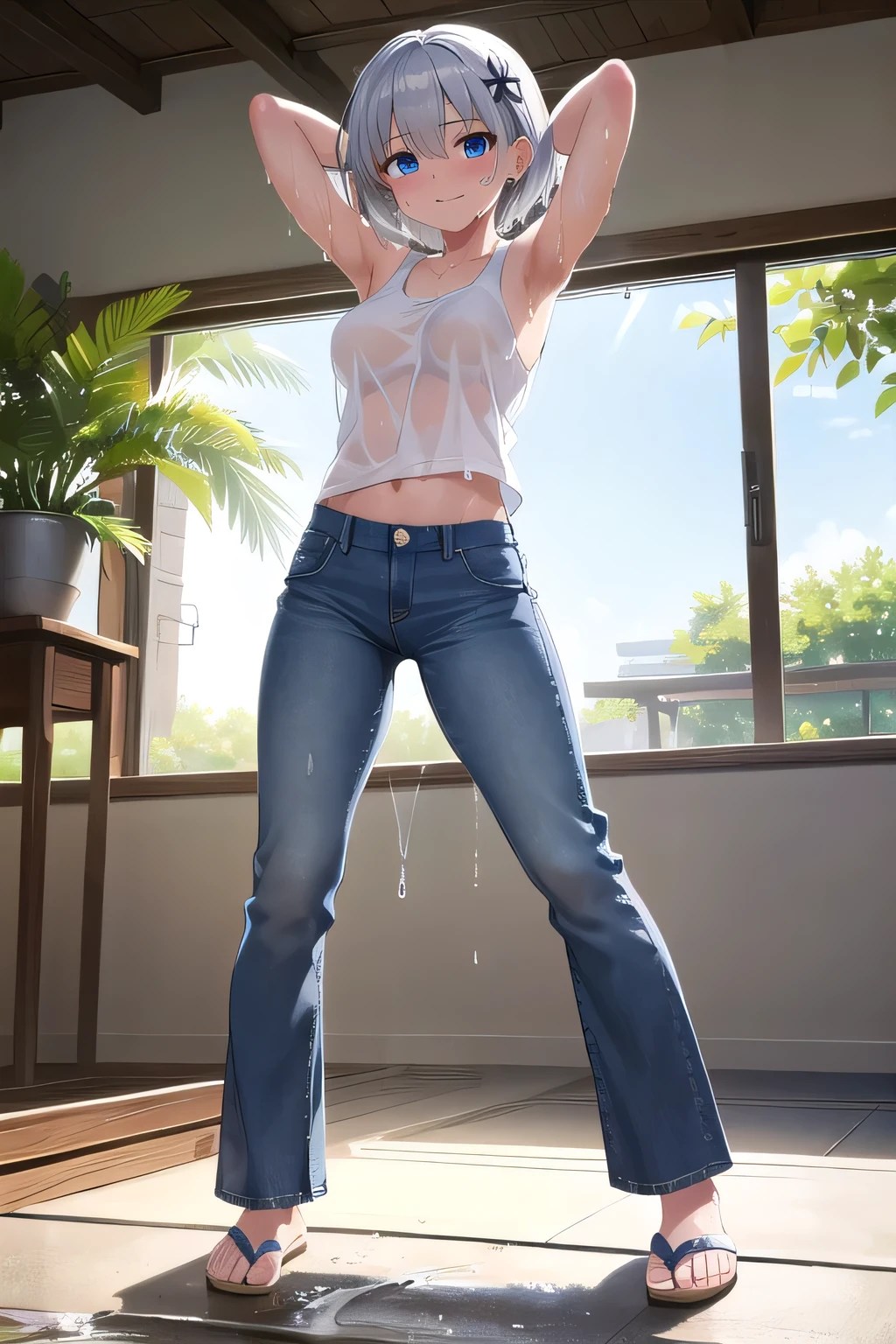 nsfw, masterpiece, best quality, high resolution, (jeans pants), full body, (topless), (barefoot), blush, worried, open mouth, indoor, ((((((big pee stain)))))), sonia, side ponytail, heart hair ornament