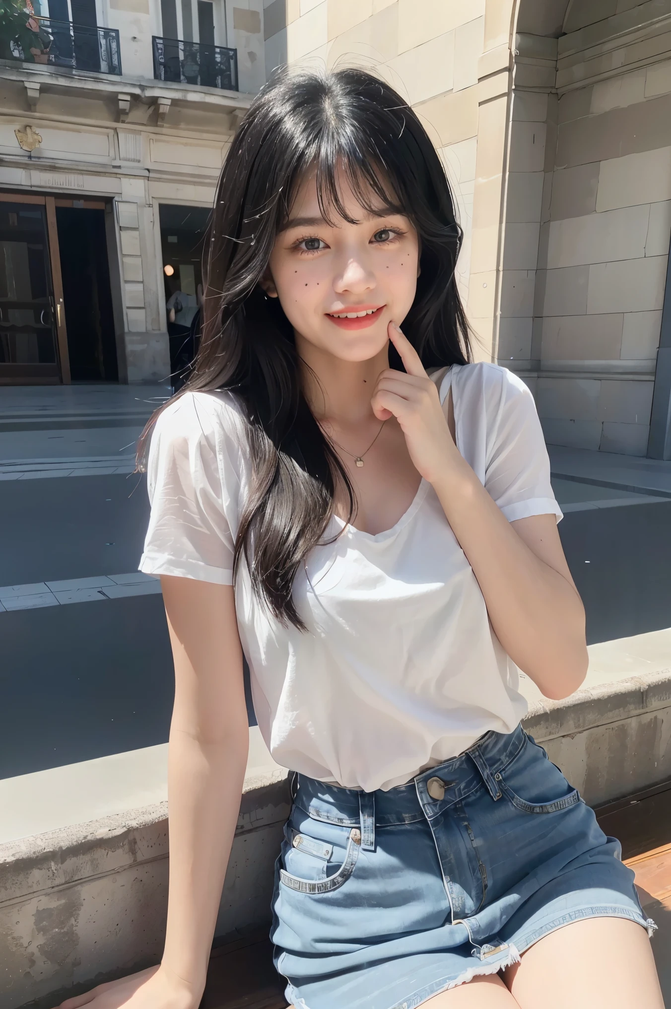 1 girl,(black hair semi-long)(beautiful hair), actress, smile, shiny skin, best quality, masterpiece, (photorealistic:1.4), terrace seating, Europe, France, Paris, denim mini skirt (realistic fabric), white short sleeves (cotton fabric), (no logo), thin fingers