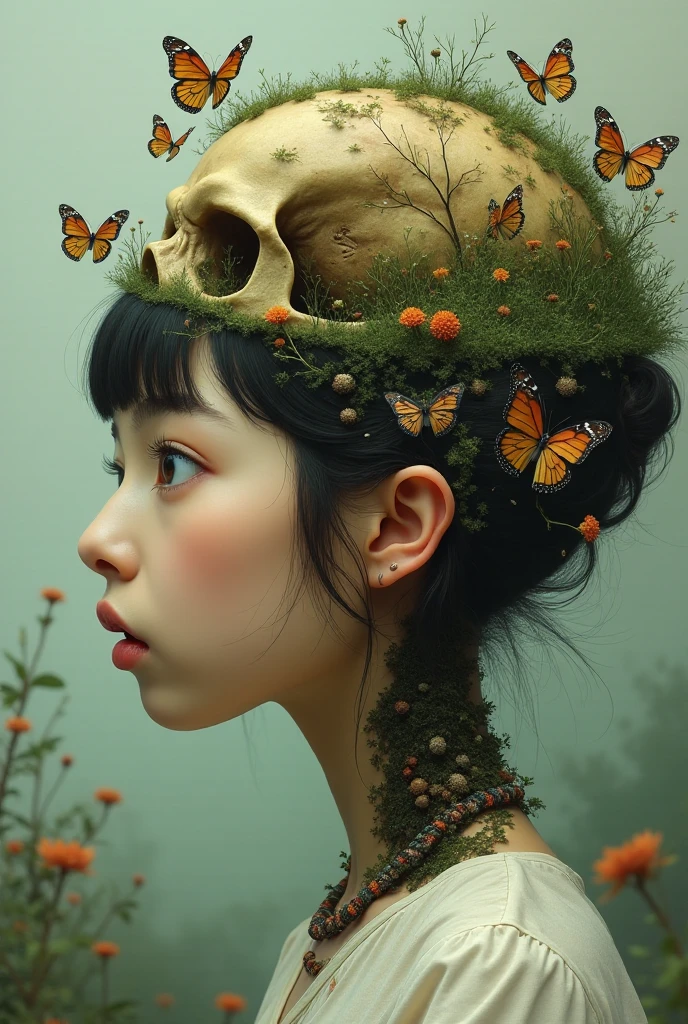 Surreal artwork of a girl with an exposed, biomechanical brain filled with organic elements like insects and butterflies. Her wide, shocked eyes contrast with the delicate butterflies flying around, by Yoshitaka Amano