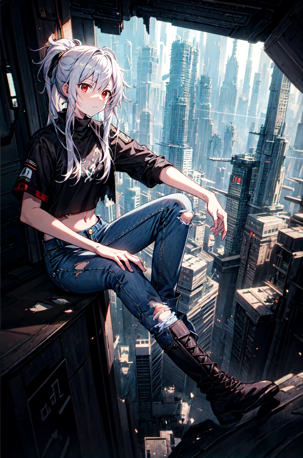 masterpiece, best quality, (detailed anime, video game art, extremely detailed CG unity 8k wallpaper), (best quality), (best illustration), (best shadow), absurdres, realistic lighting, (Abyss), dynamic pose, solo, senti, red eyes, white hair, ponytail with bangs, messy hair, crop top, model, jeans, torn jeans, broken jeans, boots, techwear, futuristic city, high tech