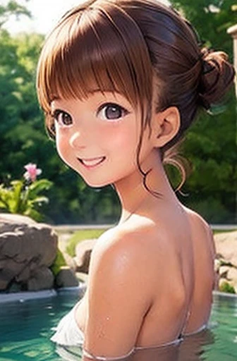 baby face、 random hairstyles、Small breasts、beautiful girl、smile、 rear view of posture、 Open-air Bath