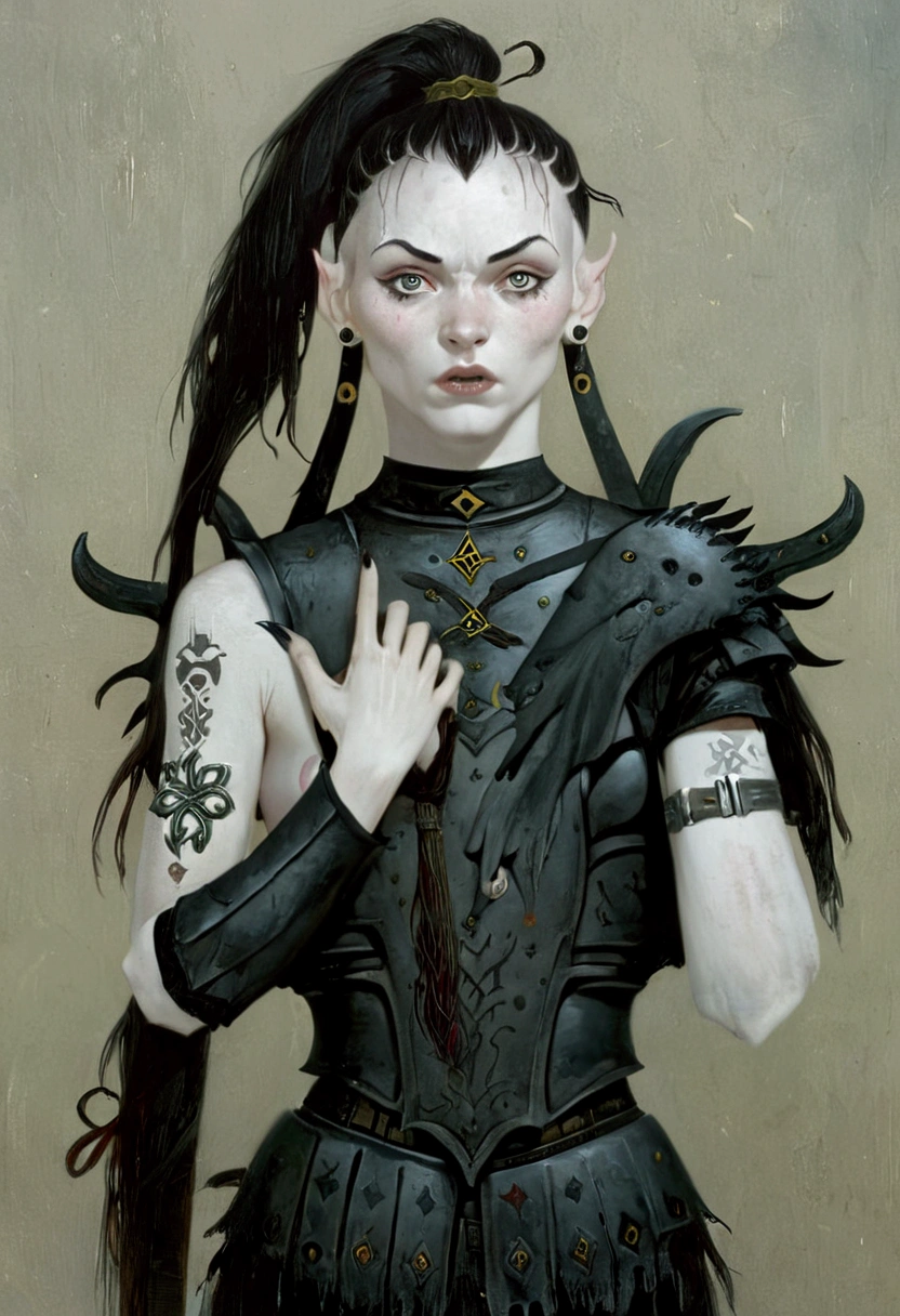 1 young and beautiful White gith girl, mystical medieval witch, pale skin, celtic tattoos, ((shaved hair + fringe + ponytail)), cruel expression , ((goth heavy armor)), goth ambiance, medieval cheast, perky breasts, ((piercings)), insane