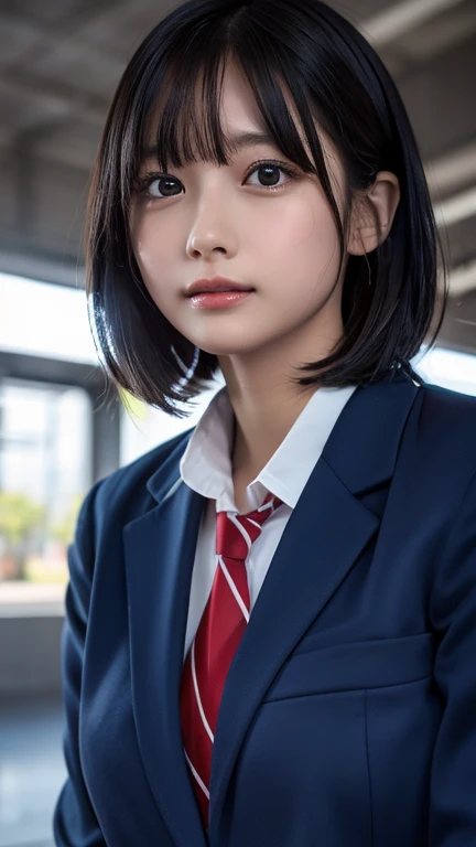 ((masterpiece,  Best Quality,    high definition  )),     Japanese high school girl    、(Realistic: 1.4), smile、Pointed Mouth、With a pout、Great face,Glossy wet lips 、、 short bob、(Beautiful Hair:1.5), uniform、(  navy blue blazer  、   Navy Blue Jacket )、(  white blouse)、(  red tie )、(  Very Short Pleated Mini Skirt )、Beautiful body、Beautiful ass、    Beautiful Thighs、Beautiful legs、At the station platform、stare、 side angle 、   High Definition CG Synthetic 8K Wallpaper  ,    high definition  のRAWカラー写真,    Professional Photography, Light, BackLight, Dreamy, Impressive,     depth of written boundaries   , (   upper body close-up  :1.5)