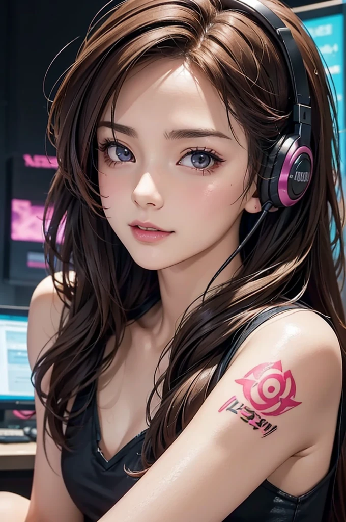   high definition , 8k, Best Quality,   Details,   Semi-Realistic Animation , 3d anime style sex  ,  Smooth Anime CG ,  one girl playing pranks,  20-year-old Japanese woman , slim, modeling,   shiny brown hair,   Detailsな顔, Beautiful and   Details,     glowing skin   ,  Hard Focus 、  film grain  ,  Soft Writing,   Viewers, Laughter、((  The background is a cyberpunk-style room with many monitors.......、 The costume is corded    、Long hair color pink、  headsets on-head  、Small tattoo on face、Female DJ、Staring at the viewer ))