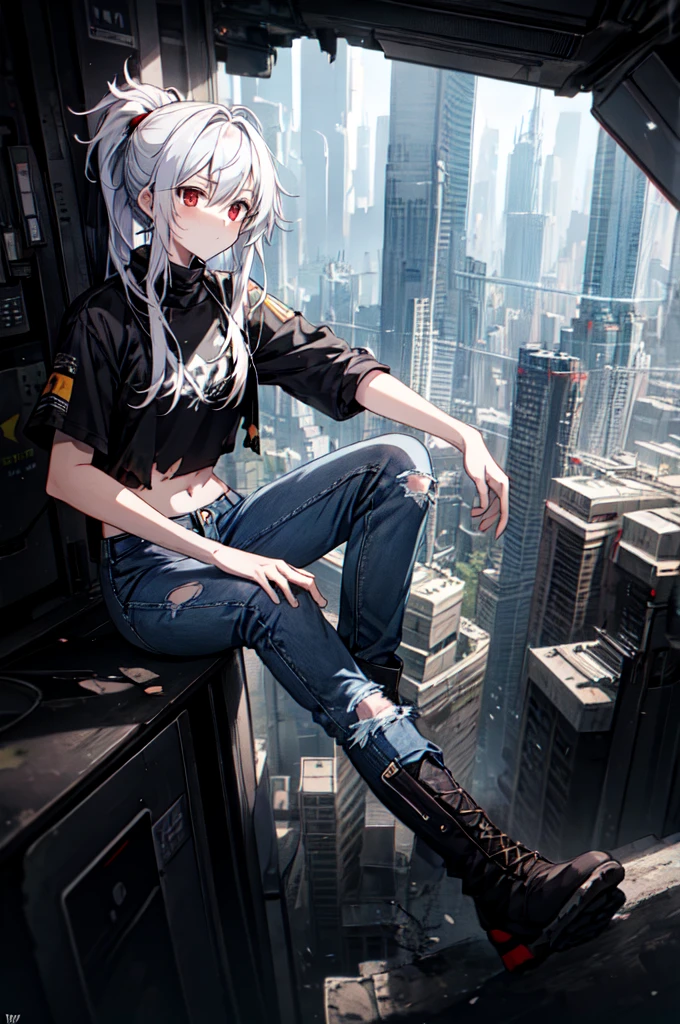 masterpiece, best quality, (detailed anime, video game art, extremely detailed CG unity 8k wallpaper), (best quality), (best illustration), (best shadow), absurdres, realistic lighting, (Abyss), dynamic pose, solo, senti, red eyes, white hair, ponytail with bangs, messy hair, crop top, model, jeans, torn jeans, broken jeans, boots, techwear, futuristic city, high tech