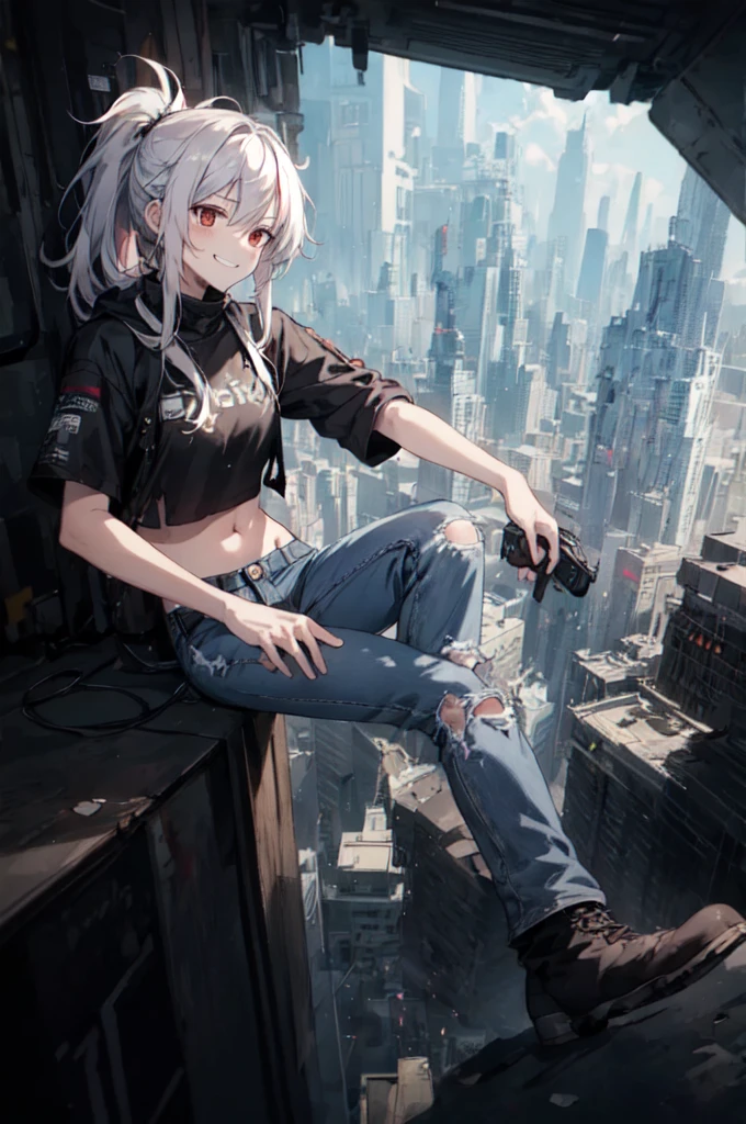 masterpiece, best quality, (detailed anime, video game art, extremely detailed CG unity 8k wallpaper), (best quality), (best illustration), (best shadow), absurdres, realistic lighting, (Abyss), dynamic pose, solo, senti, red eyes, white hair, ponytail with bangs, messy hair, smirking, grin, crop top, model, jeans, torn jeans, broken jeans, boots, techwear, futuristic city, high tech