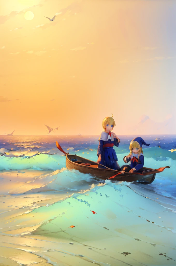 (8k,  super quality, masterpiece:1.2),  ultra high resolution, cute,  girl, solo, whole body, Puyo Puyo's witch, Blonde, Blue Eyes , blue headwear ,  blue based robe,  red ribbon, White capelet, Ahoge,  LONG SKIRT , sea, Rowing boat,  like a ,  splash , Bright smile,  innocent face ,  mouth, soaked, whole bodyに水滴, 