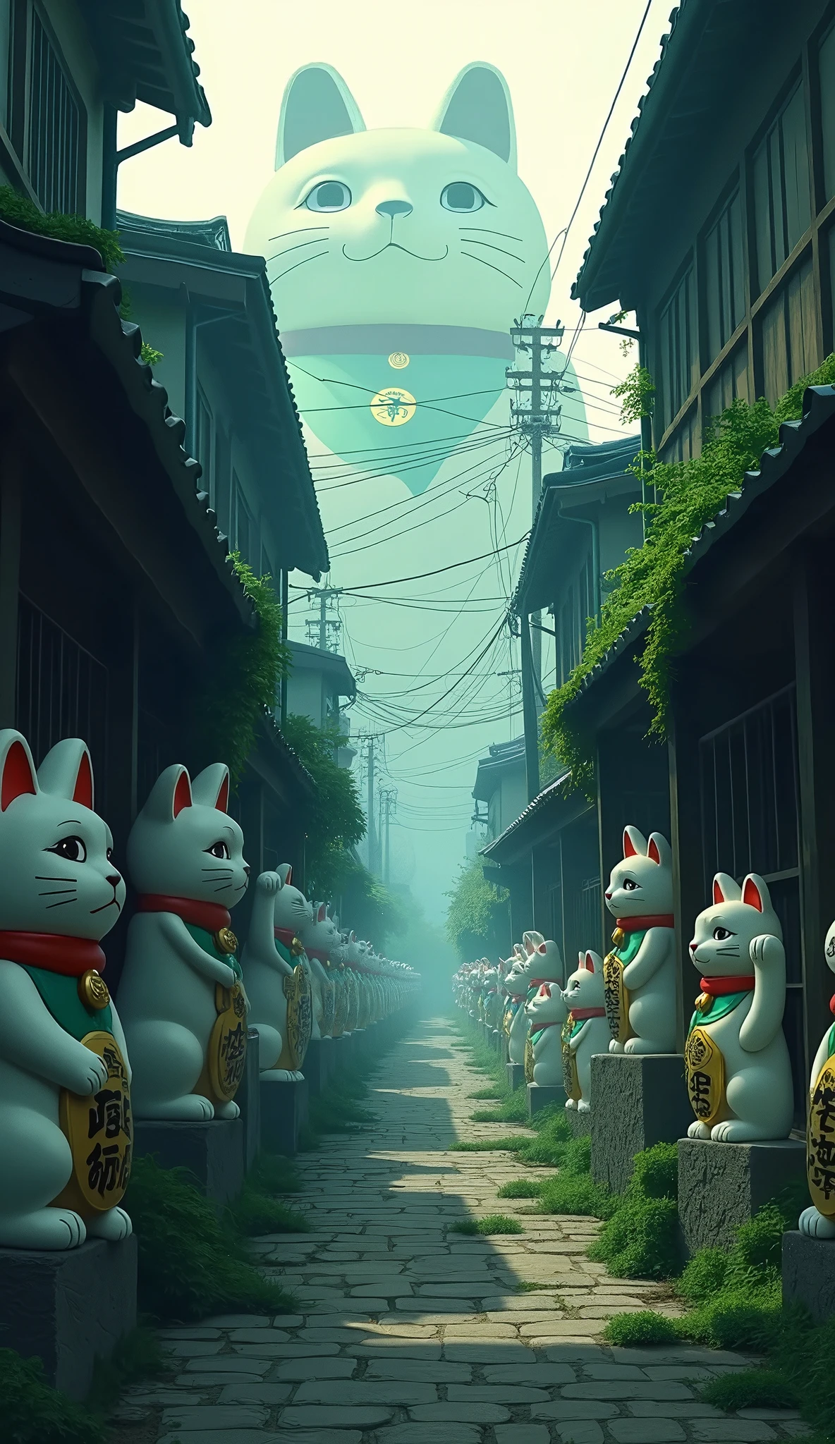 (masterpiece:1.2,Exceptional Quality,Mirror-like, A movie-like experience , Best Illustration,Super detailed),8k,wallpaper,(Mysterious Alley:2.0),(Kyoto-style cityscape :2.0),(Countless maneki-neko statues are lined up next to the back alley :2.0),(fog:2.0),(moss:2.0),( studio Ghibli :2.0),( Anime Artwork:2.0),( dynamic:2.0),(From below:2.0),( The alley continues to a huge maneki-neko statue that can be seen quietly:2.0),( vector art :2.0)