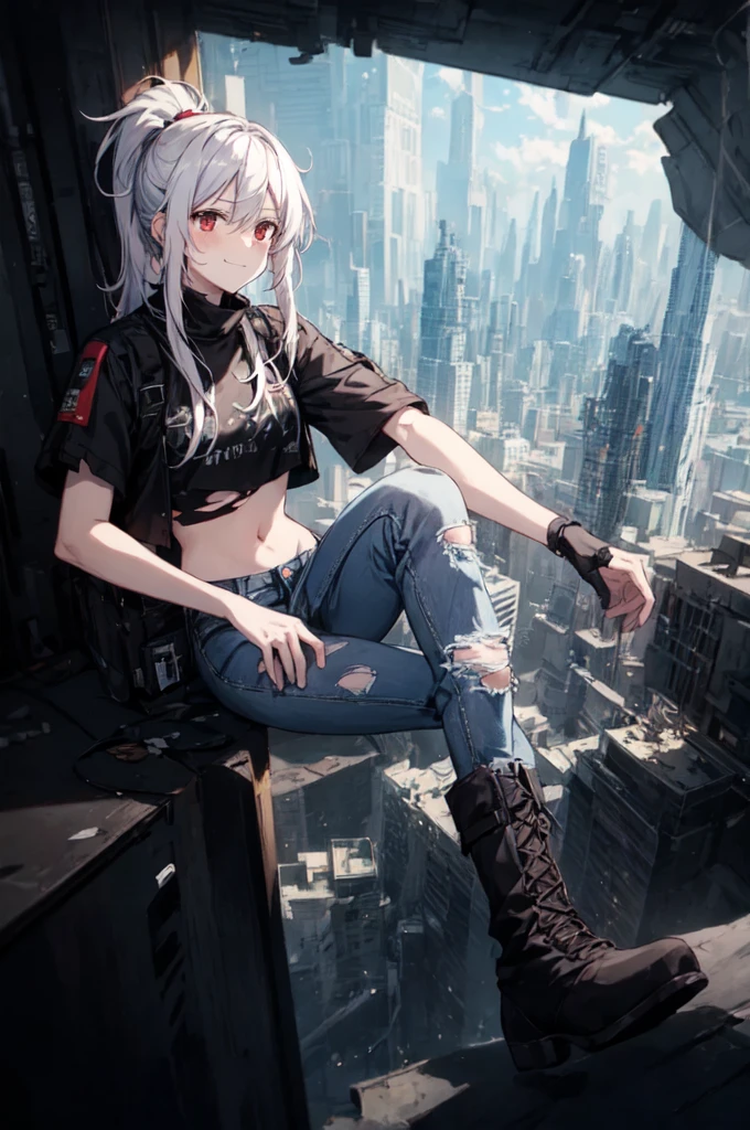 masterpiece, best quality, (detailed anime, video game art, extremely detailed CG unity 8k wallpaper), (best quality), (best illustration), (best shadow), absurdres, realistic lighting, (Abyss), dynamic pose, solo, senti, red eyes, white hair, ponytail with bangs, messy hair, smirking, crop top, model, jeans, torn jeans, broken jeans, boots, techwear, futuristic city, high tech