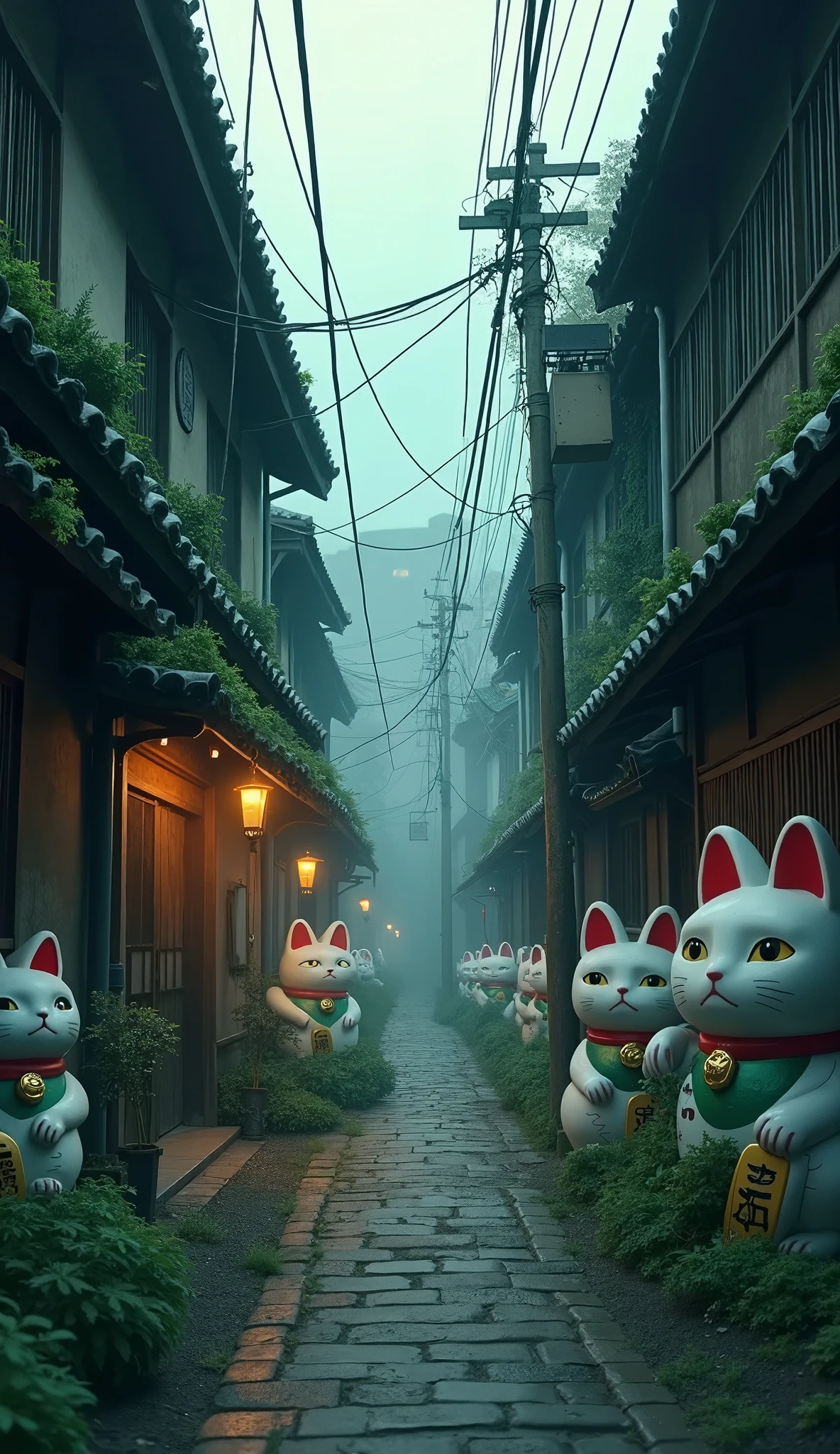 (masterpiece:1.2,Exceptional Quality,Mirror-like, A movie-like experience , Best Illustration,Super detailed),8k,wallpaper,(Mysterious Alley:2.0),(Kyoto-style cityscape :2.0),(Countless maneki-neko statues are lined up next to the back alley :2.0),(fog:2.0),(moss:2.0),( studio Ghibli :2.0),( Anime Artwork:2.0),( dynamic:2.0),(From below:2.0),( The alley continues to a huge maneki-neko statue that can be seen quietly:2.0),( vector art :2.0)