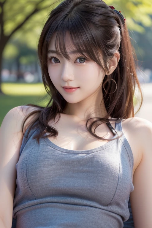 Photo-realistic quality、 doing a portrait in the park、Elegant Japanese woman, Cute Japanese Actress, Japanese model wearing a black top 、 looking at the camera、Detailed and beautiful eyes、Cute smile、A soft and gentle look