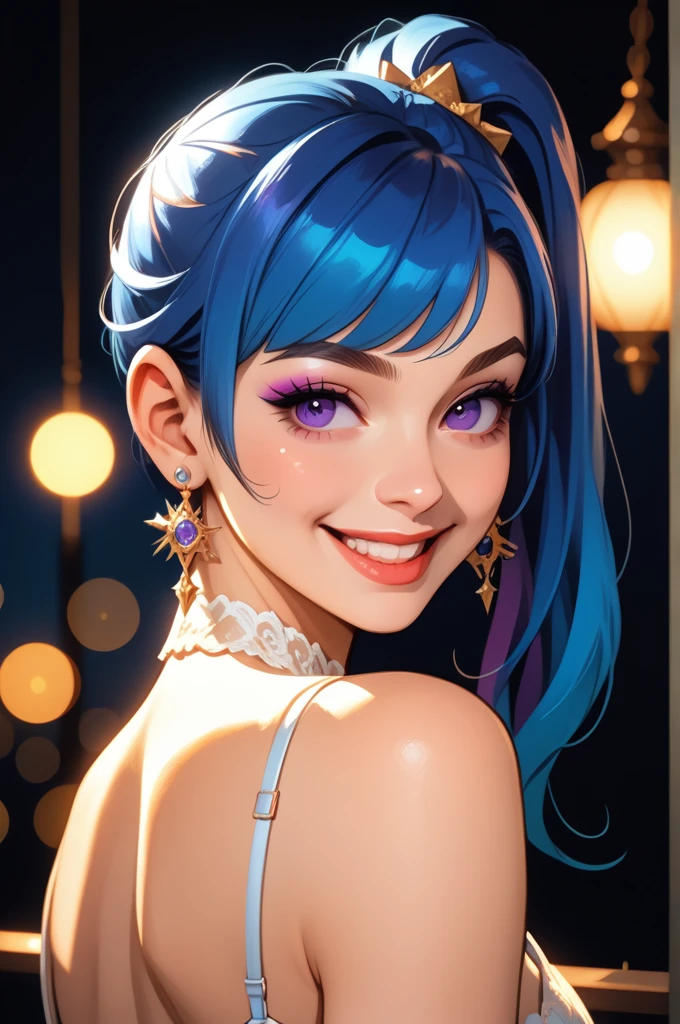  
 a girl, Alone,gradient blue hair,  Hair with a side ponytail, 
open smile,  Raising eyebrows, 
portrait, big boobs,Wear a luxurious white bra ,purple eyes, makeup,  plain background, brilliance, bokeh, film grain, Naïve art ,  masterpiece ,  high resolution , best quality,  Awarded multiple times, Backlighting, 