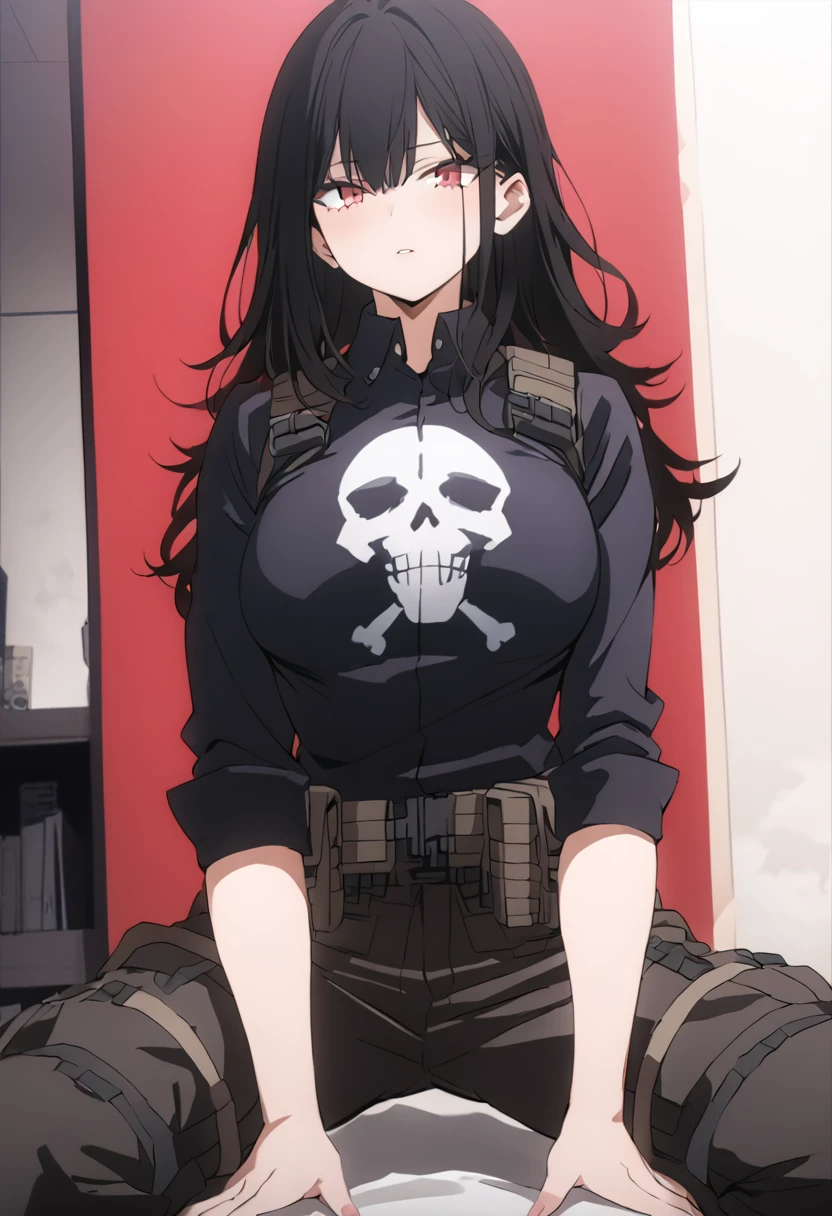 Long black hair, Crimson-Red eyes, black long-sleeve tactical shirt, black cargo pants, black tactical boots, black vest, white skull on shirt, 8k, masterpiece, high quality, standing position, middle-aged girl