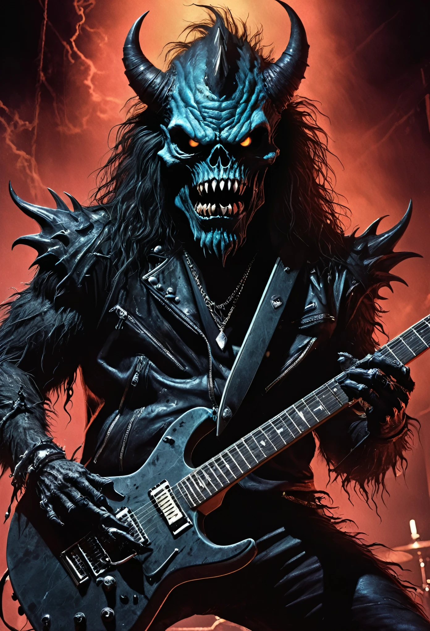 A dramatic, Cool illustrative artwork inspired by 1980s heavy metal aesthetic of a scarry monster playing guitar.