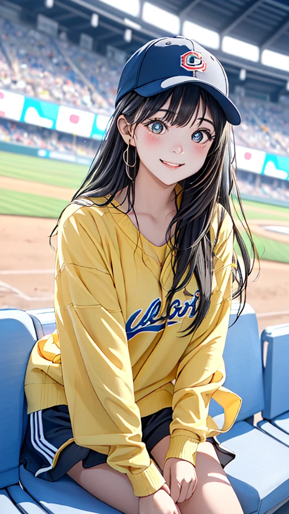 Create a close-up of a young, cute girl in a baseball stadium. She is sitting in the stands, slightly turning back toward the camera with a friendly smile, as if cheerfully watching a game. The girl is wearing a black baseball cap with yellow text on the front, a matching black shirt, and has short, straight hair peeking out from under the cap. The stadium background is illuminated with bright stadium lights, and there are seats filled with fans wearing blue in the distance. The atmosphere should feel lively and exciting, capturing the essence of a sunny day at a popular sports event. The girl’s expression is cheerful and inviting, with a hint of excitement. Use soft, warm lighting to accentuate her friendly facial features, and capture the details of her casual outfit and accessories. The camera angle is slightly above and to the left, making her look up towards the light with an energetic expression. Focus on bringing out the cuteness and youthful energy of the girl, with a vibrant and lively background.”