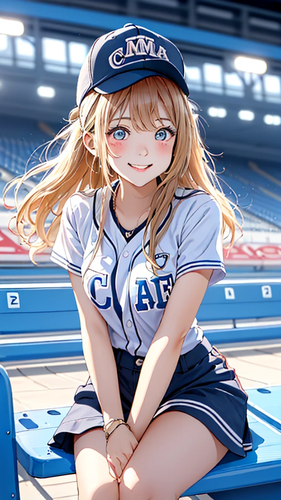 Create a close-up of a young, cute girl in a baseball stadium. She is sitting in the stands, slightly turning back toward the camera with a friendly smile, as if cheerfully watching a game. The girl is wearing a black baseball cap with yellow text on the front, a matching black shirt, and has short, straight hair peeking out from under the cap. The stadium background is illuminated with bright stadium lights, and there are seats filled with fans wearing blue in the distance. The atmosphere should feel lively and exciting, capturing the essence of a sunny day at a popular sports event. The girl’s expression is cheerful and inviting, with a hint of excitement. Use soft, warm lighting to accentuate her friendly facial features, and capture the details of her casual outfit and accessories. The camera angle is slightly above and to the left, making her look up towards the light with an energetic expression. Focus on bringing out the cuteness and youthful energy of the girl, with a vibrant and lively background.”