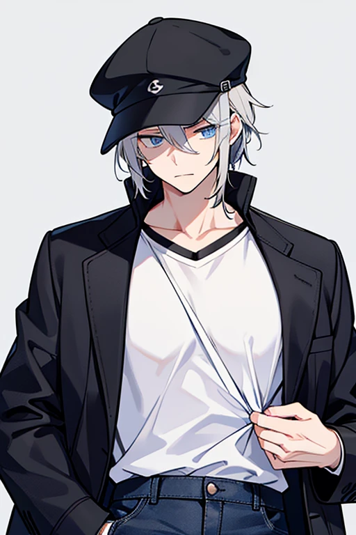 A tall man with gray hair suffering from a cold、 wears a hat with a black brim in front。Wearing a blue coat 、 with a white t-shirt underneath 、 wearing black jeans 。They have blue eyes。