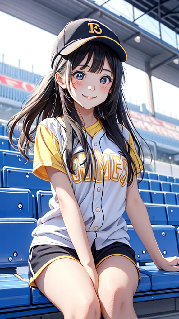 Create a close-up of a young, cute girl in a baseball stadium. She is sitting in the stands, slightly turning back toward the camera with a friendly smile, as if cheerfully watching a game. The girl is wearing a black baseball cap with yellow text on the front, a matching black shirt, and has short, straight hair peeking out from under the cap. The stadium background is illuminated with bright stadium lights, and there are seats filled with fans wearing blue in the distance. The atmosphere should feel lively and exciting, capturing the essence of a sunny day at a popular sports event. The girl’s expression is cheerful and inviting, with a hint of excitement. Use soft, warm lighting to accentuate her friendly facial features, and capture the details of her casual outfit and accessories. The camera angle is slightly above and to the left, making her look up towards the light with an energetic expression. Focus on bringing out the cuteness and youthful energy of the girl, with a vibrant and lively background.”