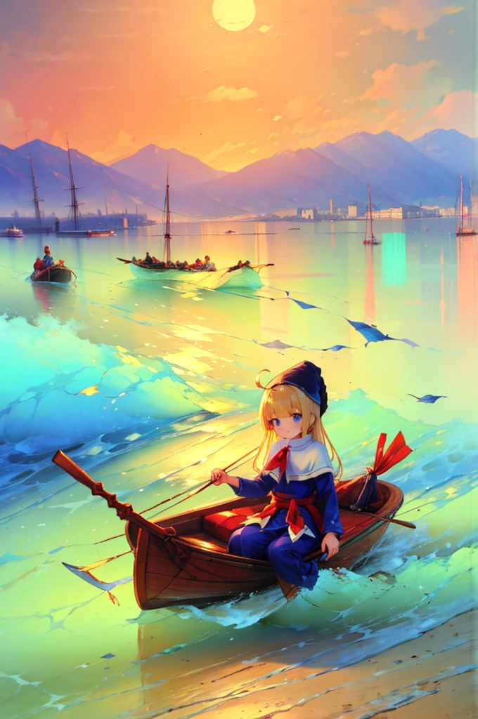 (8k,  super quality, masterpiece:1.2),  ultra high resolution, cute,  girl, solo, whole body, Puyo Puyo's witch, Blonde, Blue Eyes , blue headwear ,  blue based robe,  red ribbon, White capelet, Ahoge,  LONG SKIRT , sea, Rowing boat,  splash ,  like a , Bright smile,  innocent face ,  mouth, soaked, whole bodyに水滴, 