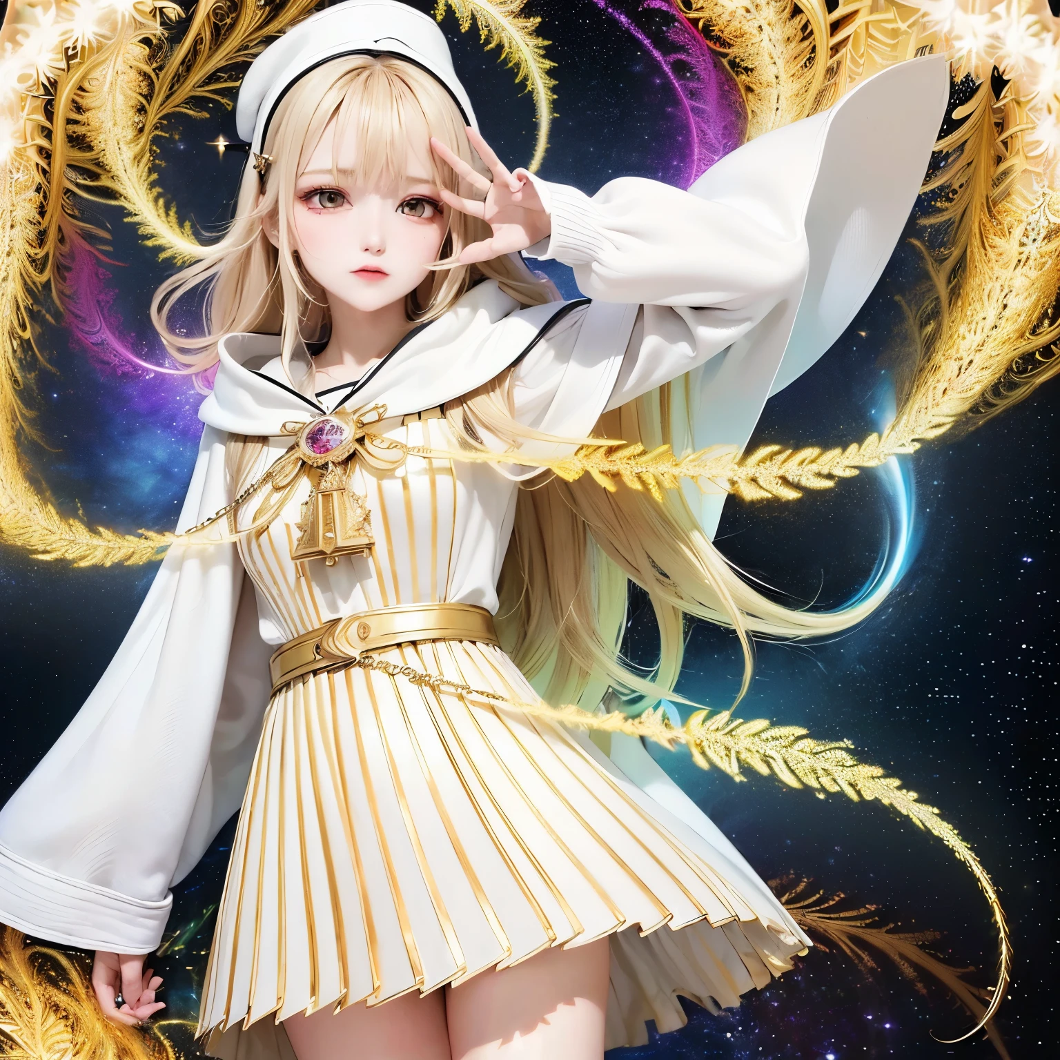 (masterpiece, Best Quality, Best Quality, Official Art, Beautiful and aesthetic:1.2), ( 1 girl), extreme detail , ( Fractal Art :1.3), colorful, Highest detail, perfect face, upper body, high definition, (pray:1.3), ( white cloak golden line :1.2), galaxy, (Streaks of light), impressive visuals , ( dynamic stripes , Shining Trail:1.2), bright color,
