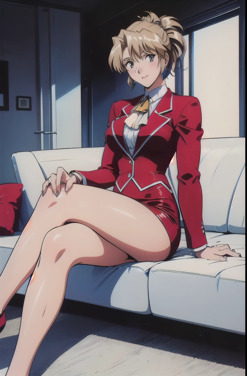 masterpiece, best quality, 1girl, (beautiful woman:1.5), (40 years old woman), looking at viewer, ultra detailed, folded ponytail, long sleeves, (red jacket), white shirt, earrings, ascot, brooch, red jacket, (red pencil skirt), (light pink lip), smile, blush, (wide pelvis:1.5), (thick thighs:1.1), indoor, (white room), (crossing legs:1.5), (sitting on the white sofa:1.5)