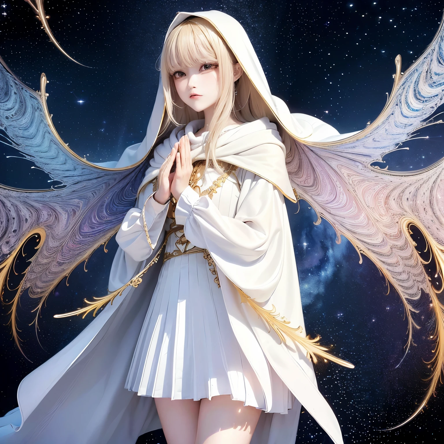(masterpiece, Best Quality, Best Quality, Official Art, Beautiful and aesthetic:1.2), ( 1 girl), extreme detail , ( Fractal Art :1.3), colorful, Highest detail, perfect face, upper body, high definition, (pray:1.3), ( white cloak golden line :1.2), galaxy, (Streaks of light), impressive visuals , ( dynamic stripes , Shining Trail:1.2), bright color,